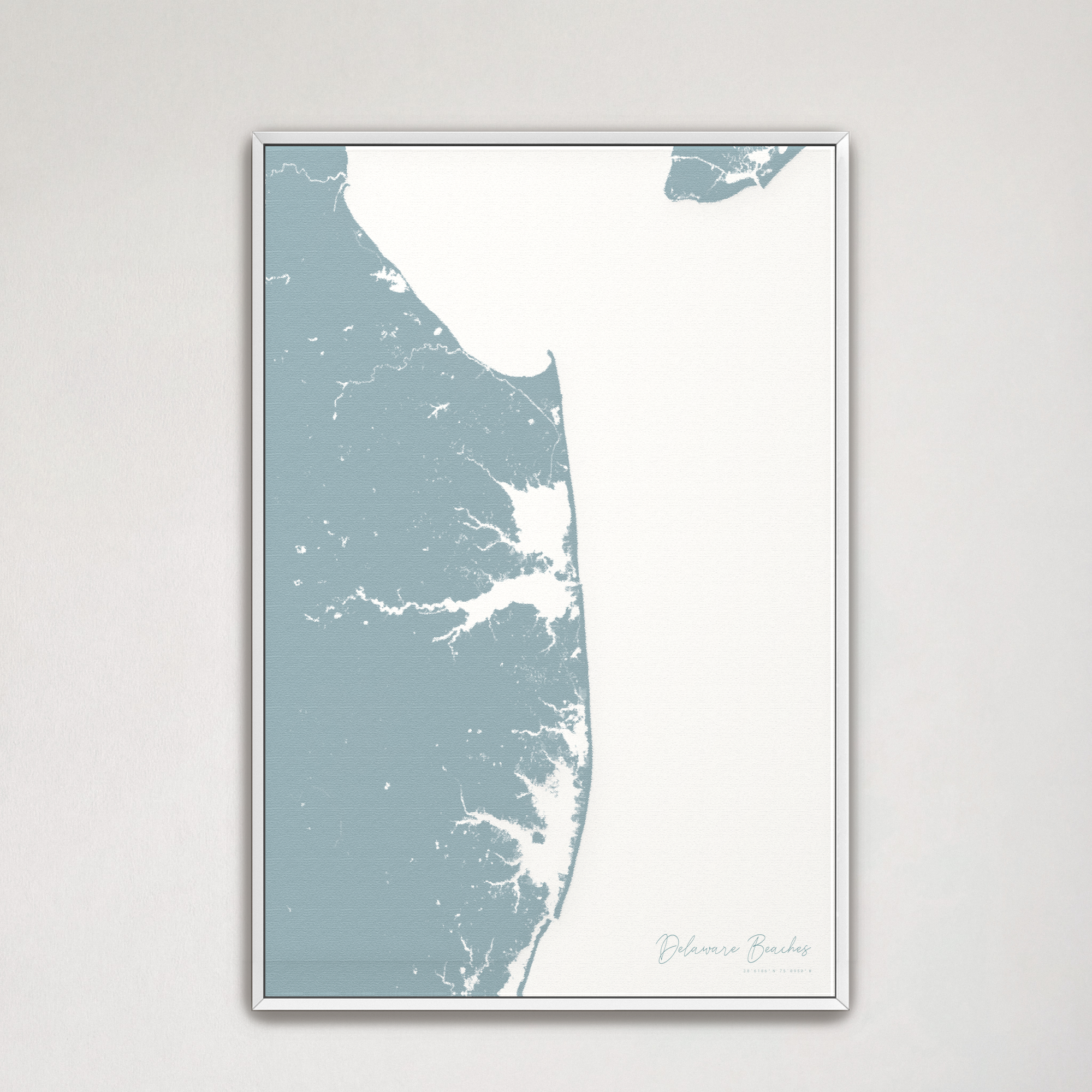Delaware Beaches Coastal Map — Canvas Vertical, soft-blue, White Frame