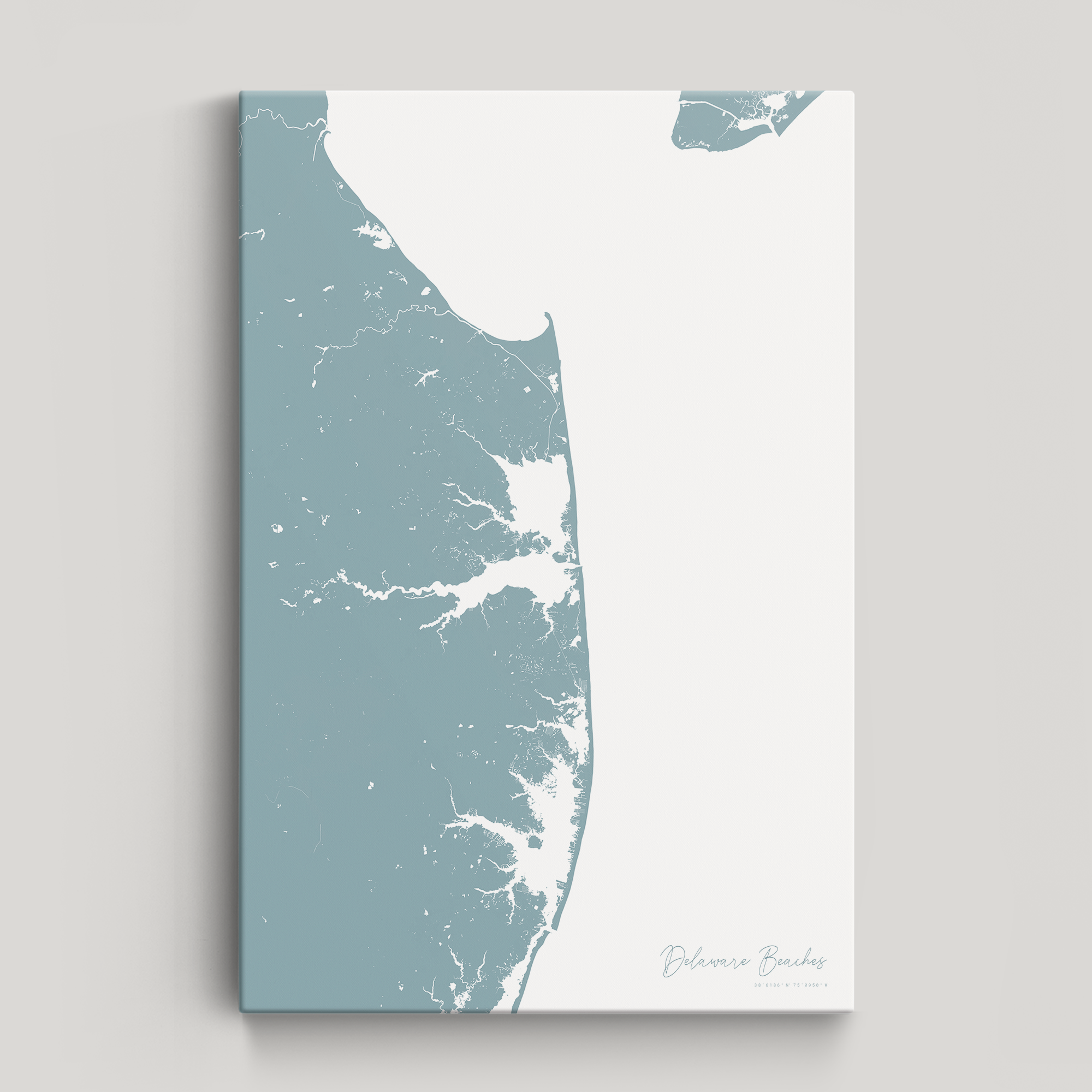 Delaware Beaches Coastal Map — Canvas Vertical, soft-blue, No Frame