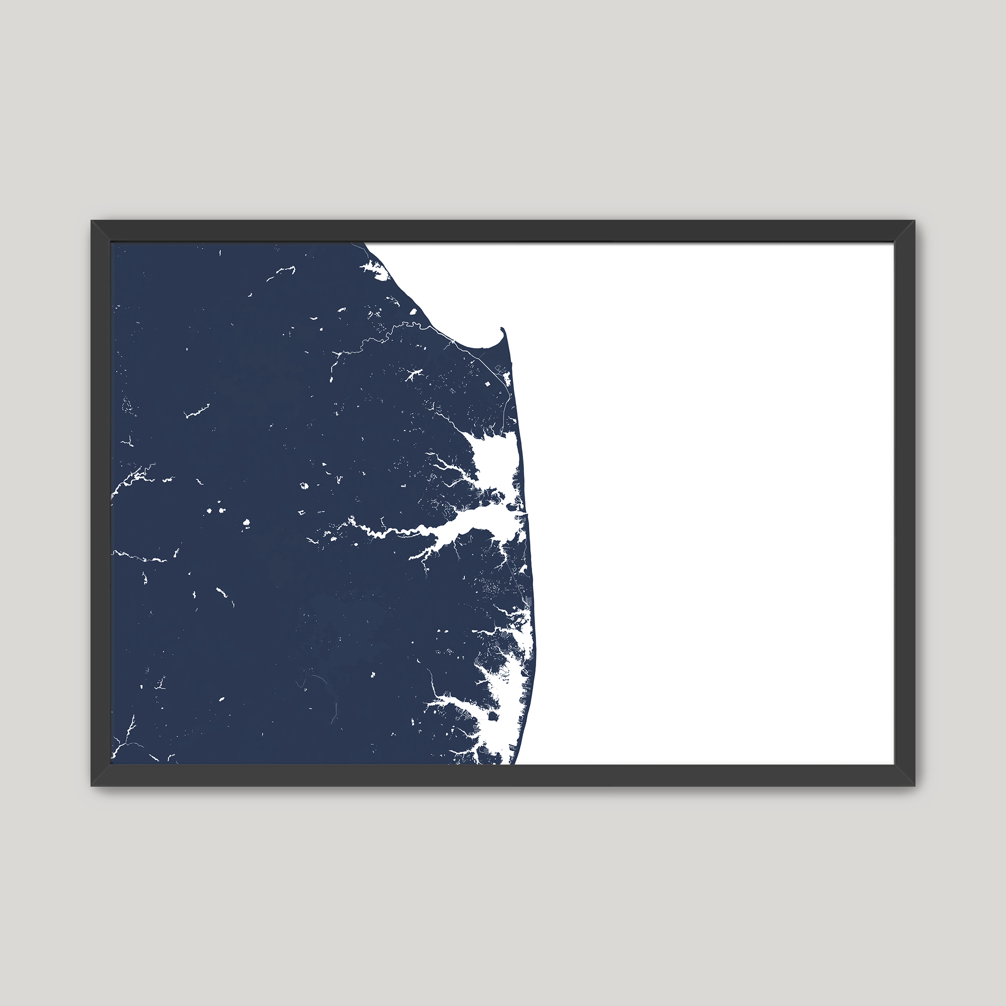 Delaware Beaches Coastal Map — Fine Art Print Horizontal, navy, Black Frame, 10x8