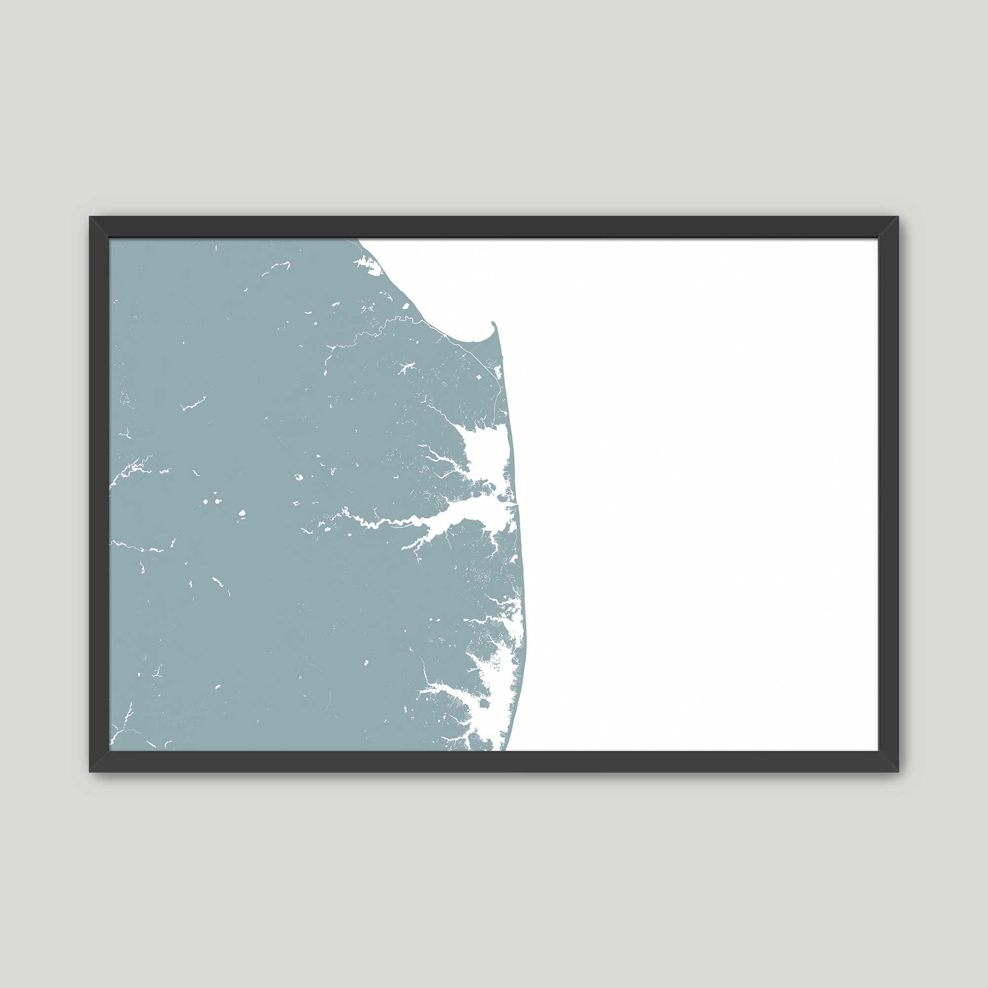 Delaware Beaches Coastal Map — Fine Art Print Horizontal, soft-blue, Black Frame, 10x8