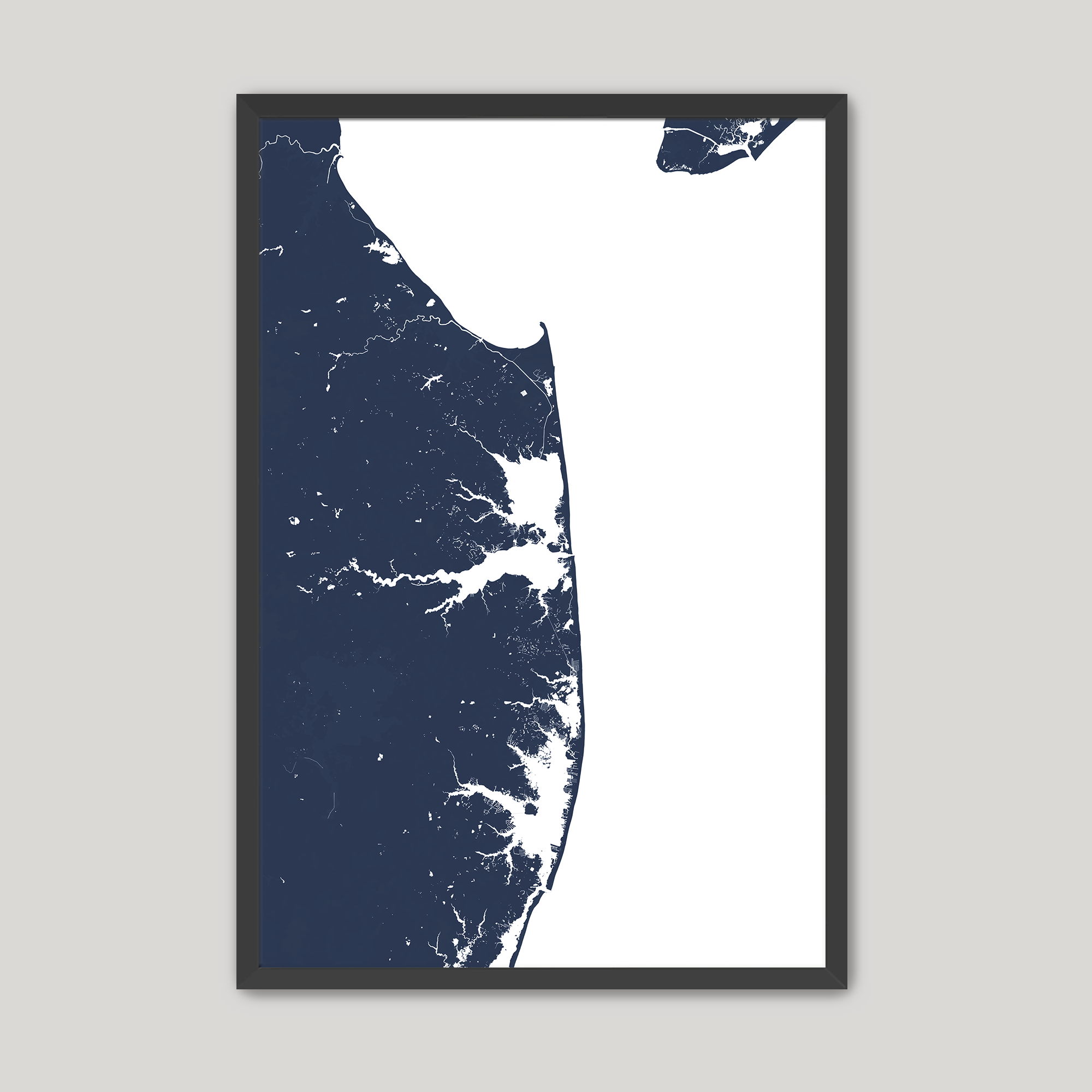 Delaware Beaches Coastal Map — Fine Art Print Vertical, navy, Black Frame, 8x10