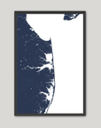 Delaware Beaches Coastal Map — Fine Art Print Vertical, navy, Black Frame, 8x10