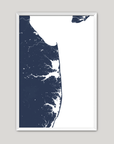 Delaware Beaches Coastal Map — Fine Art Print Vertical, navy, White Frame, 8x10