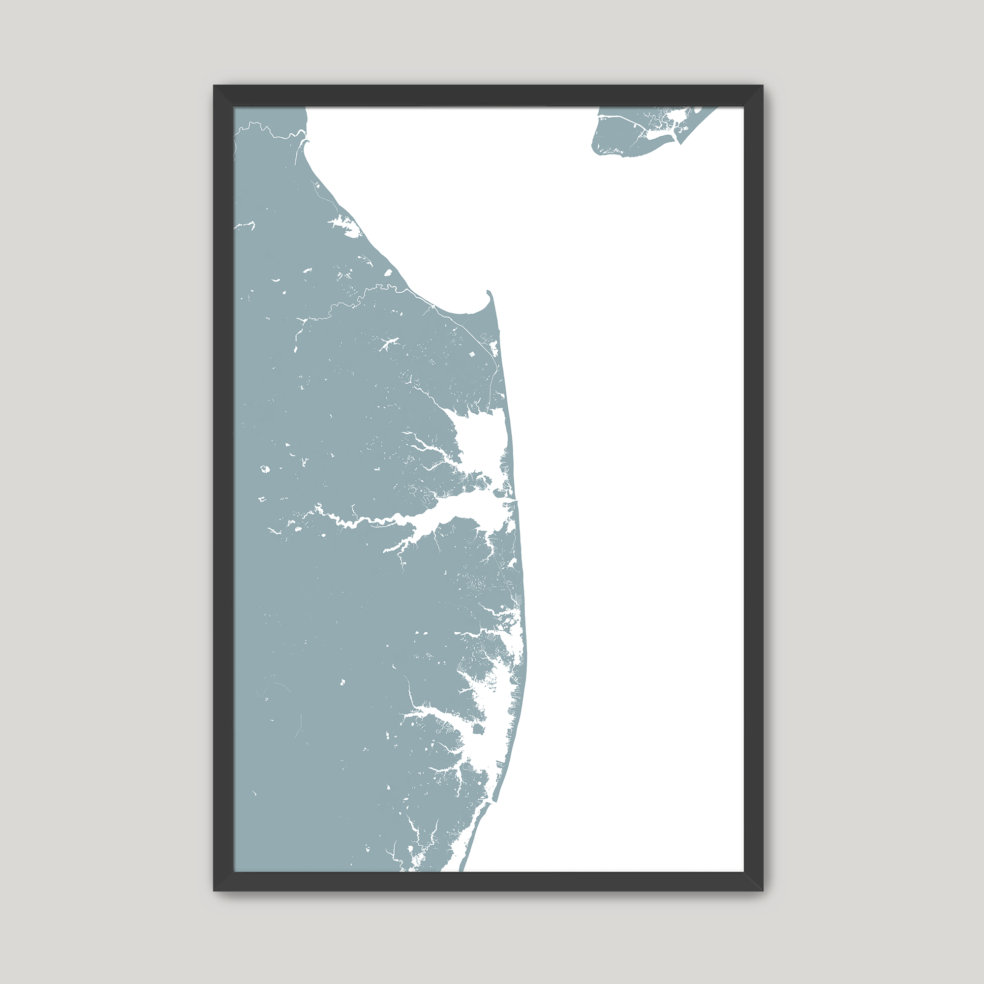 Delaware Beaches Coastal Map — Fine Art Print Vertical, soft-blue, Black Frame, 8x10