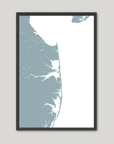 Delaware Beaches Coastal Map — Fine Art Print Vertical, soft-blue, Black Frame, 8x10