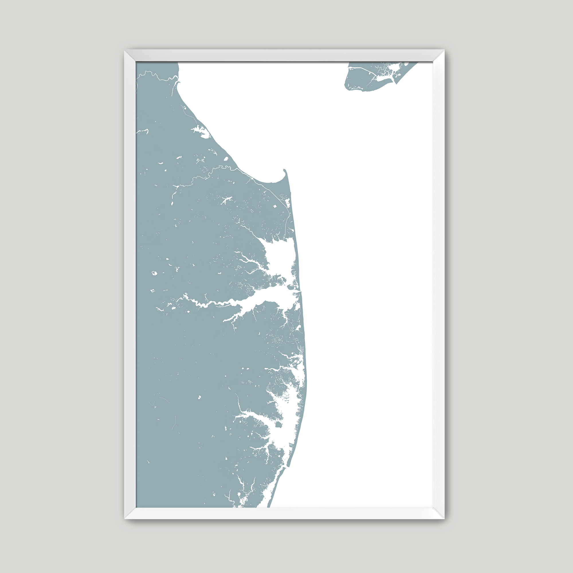 Delaware Beaches Coastal Map — Fine Art Print Vertical, soft-blue, White Frame, 8x10