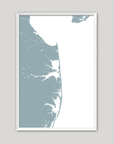 Delaware Beaches Coastal Map — Fine Art Print Vertical, soft-blue, White Frame, 8x10