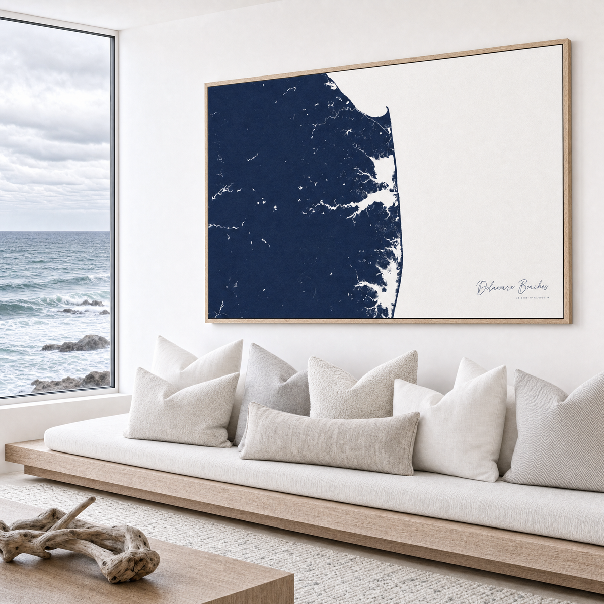Delaware Beaches canvas map — sea-view bench interior