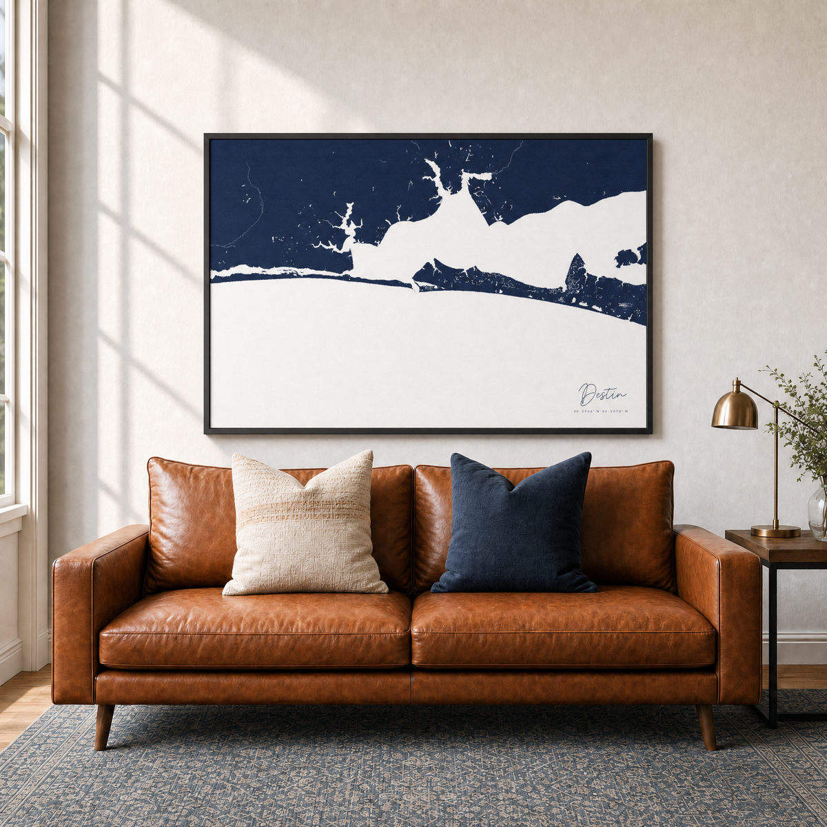 Destin canvas map — two-pillow black-frame sofa interior