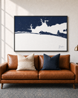 Destin canvas map — two-pillow black-frame sofa interior