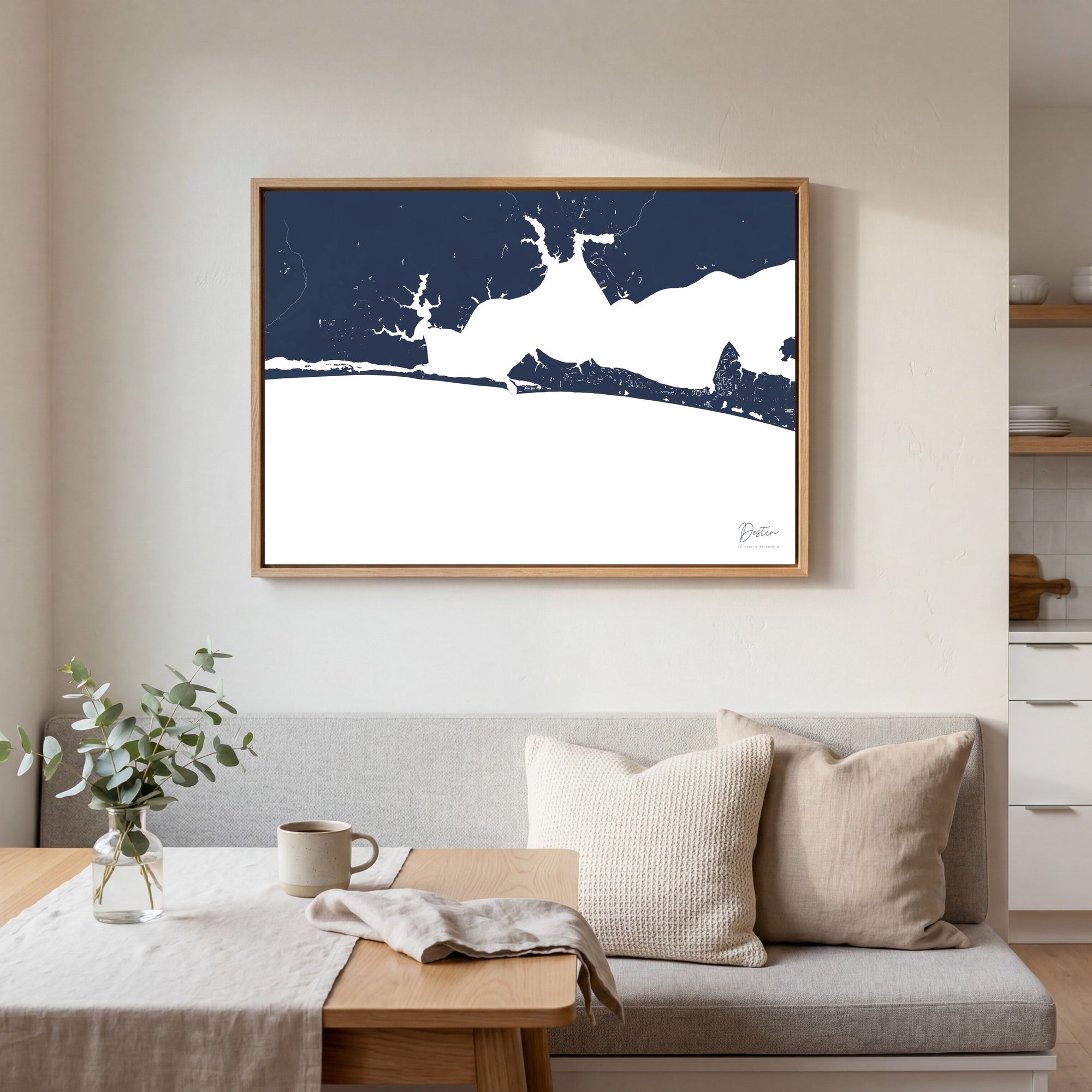 Destin navy horizontal canvas map in an oak framed room scene