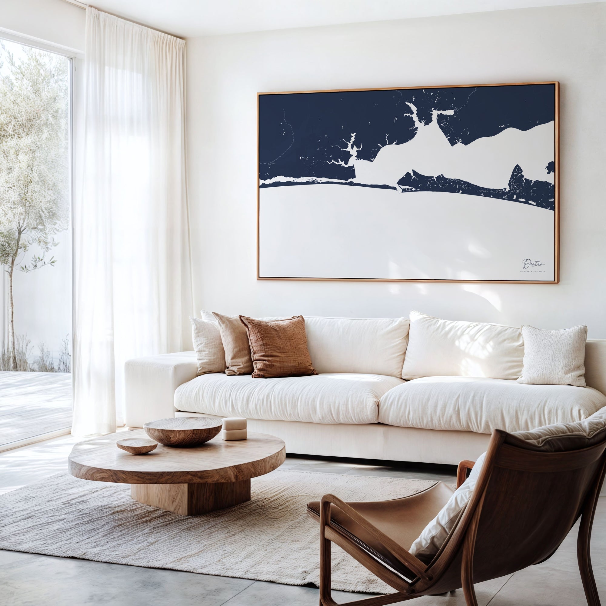 Destin navy horizontal canvas map in an oak framed room scene