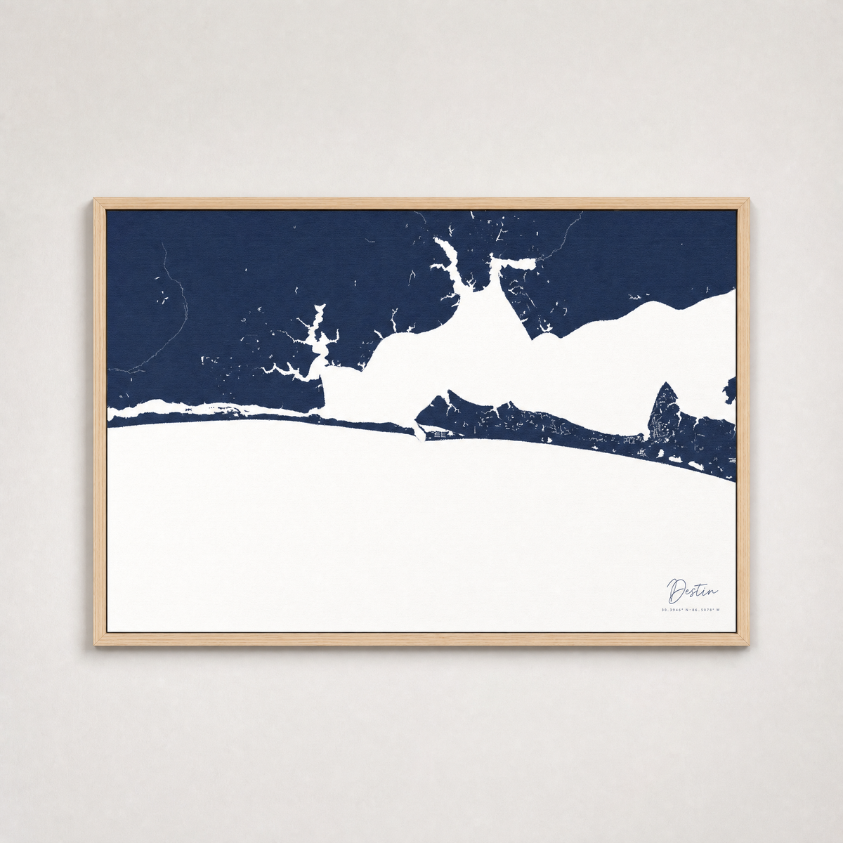 Destin Coastal Map — Canvas Horizontal — navy, Light Wood