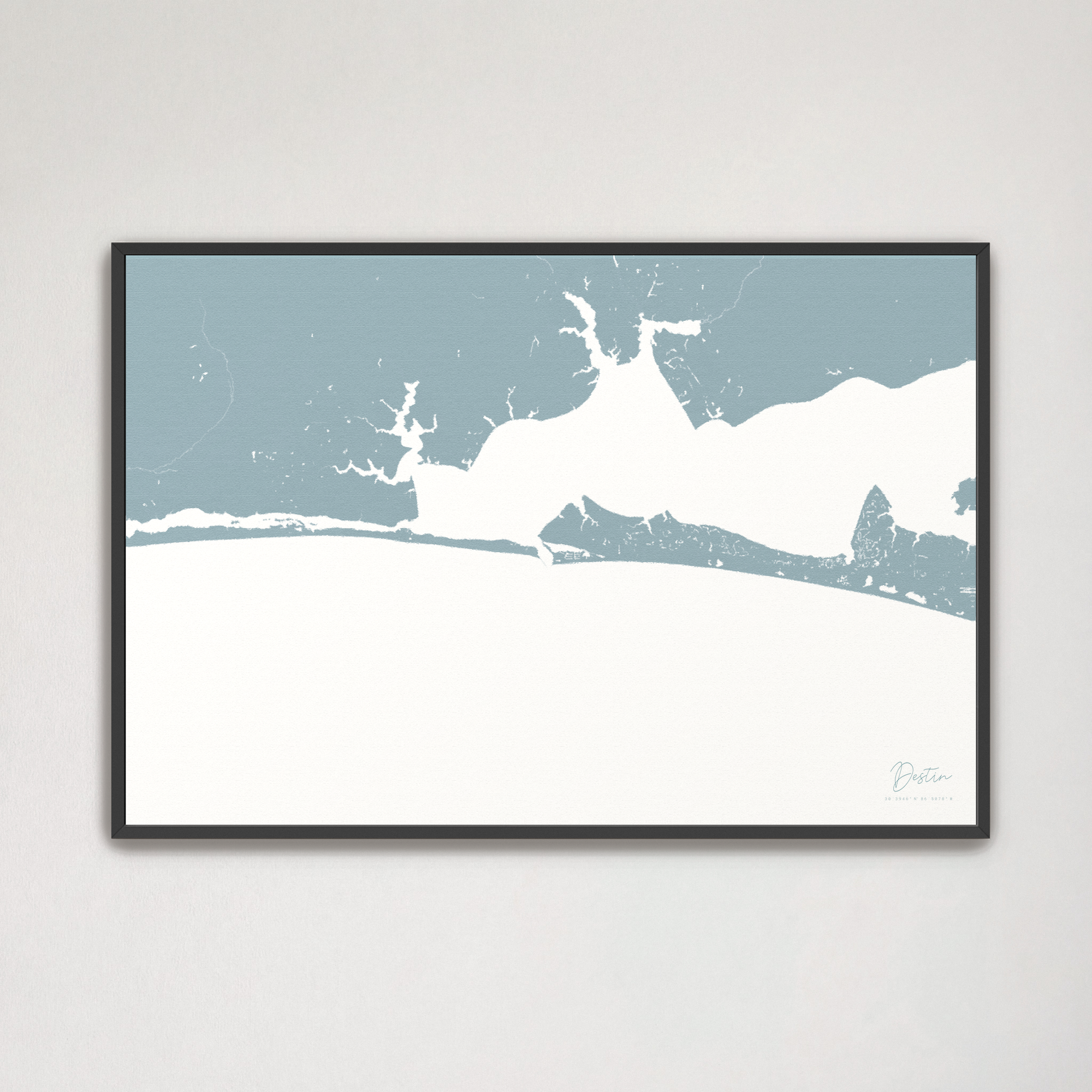 Destin Coastal Map — Canvas Horizontal, soft-blue, Black Frame