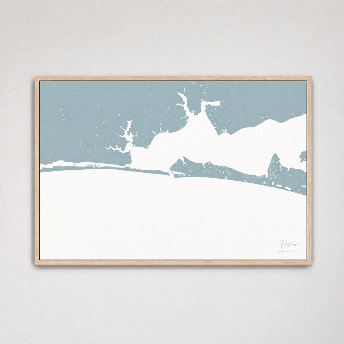 Destin Coastal Map — Canvas Horizontal — soft-blue, Light Wood