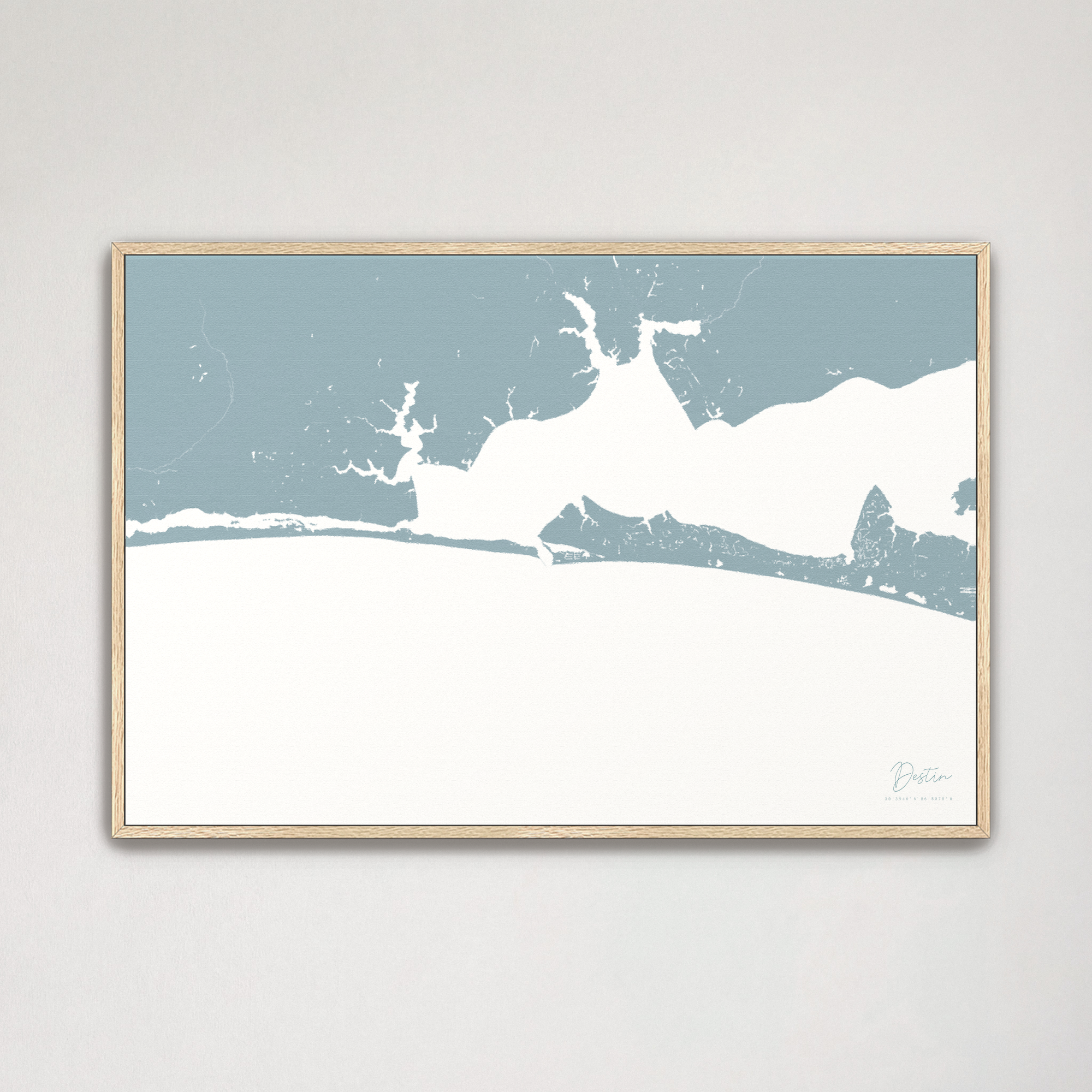 Destin Coastal Map — Canvas Horizontal, soft-blue, Natural Oak