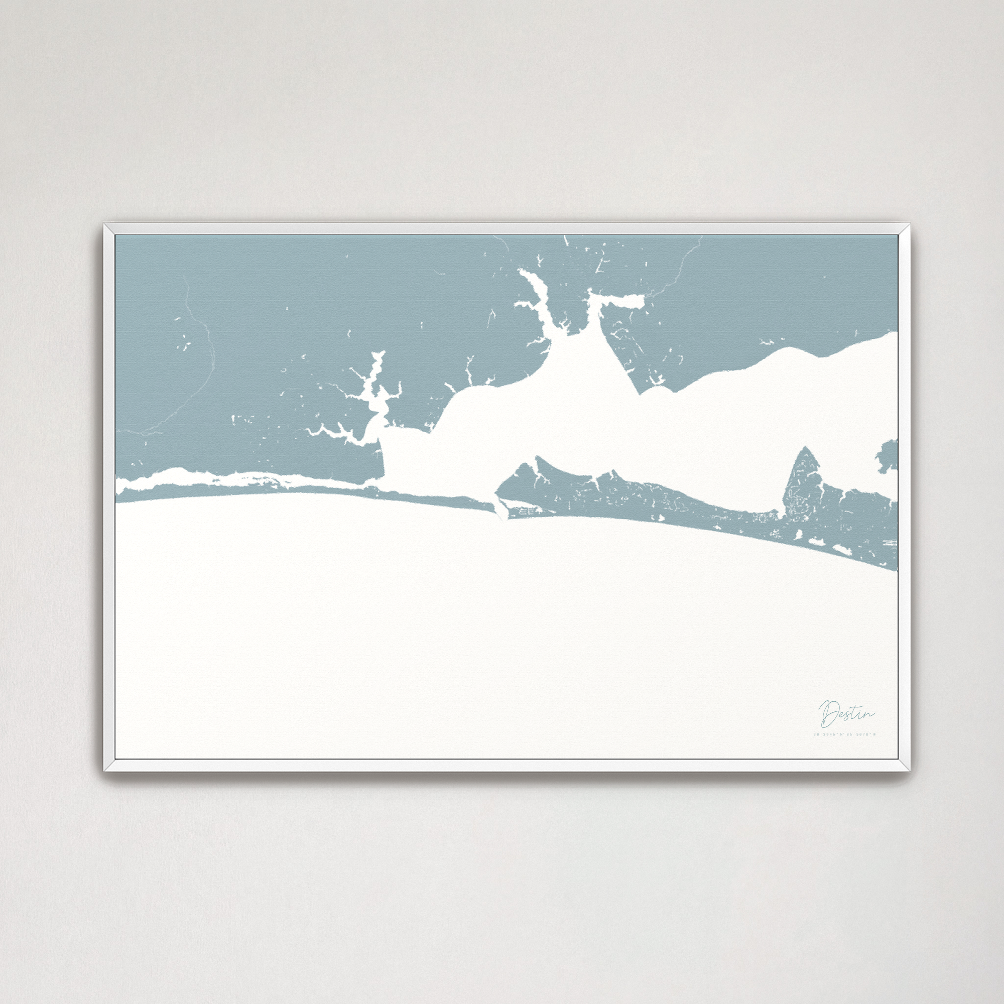 Destin Coastal Map — Canvas Horizontal, soft-blue, White Frame