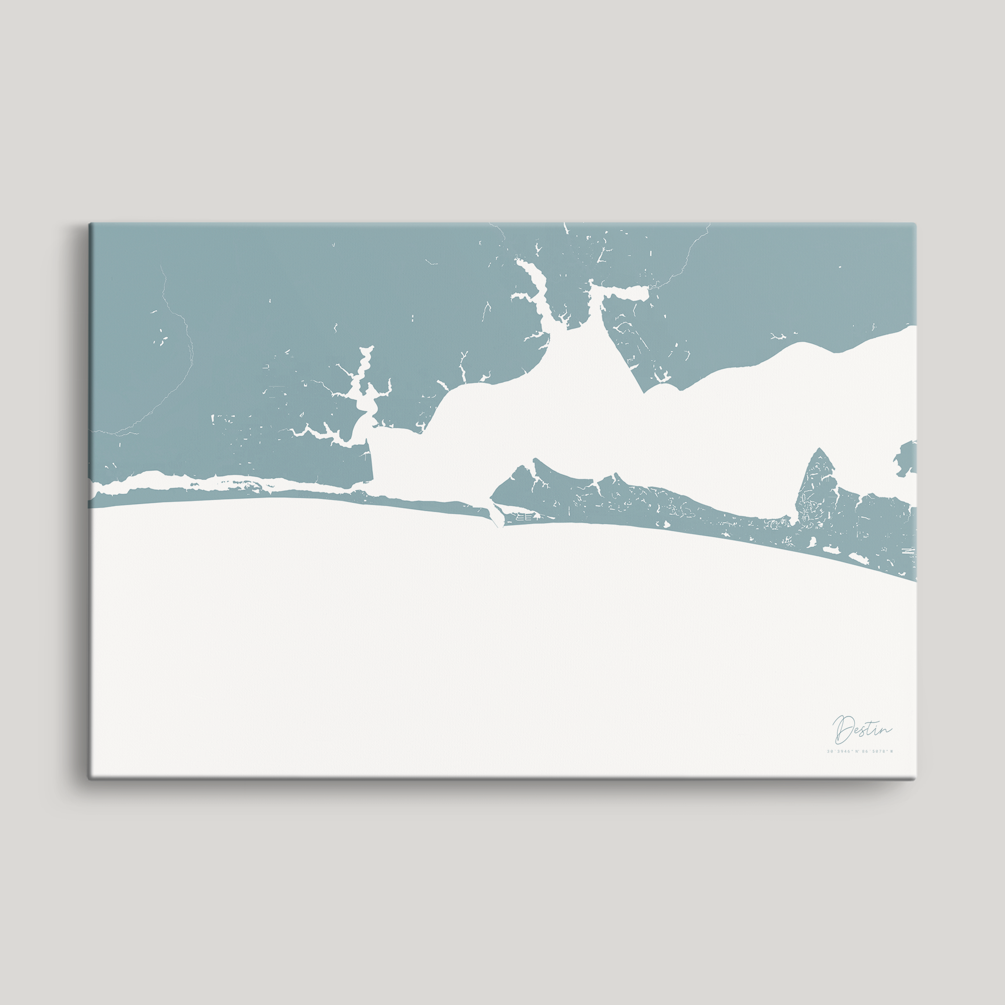 Destin Coastal Map — Canvas Horizontal, soft-blue, No Frame