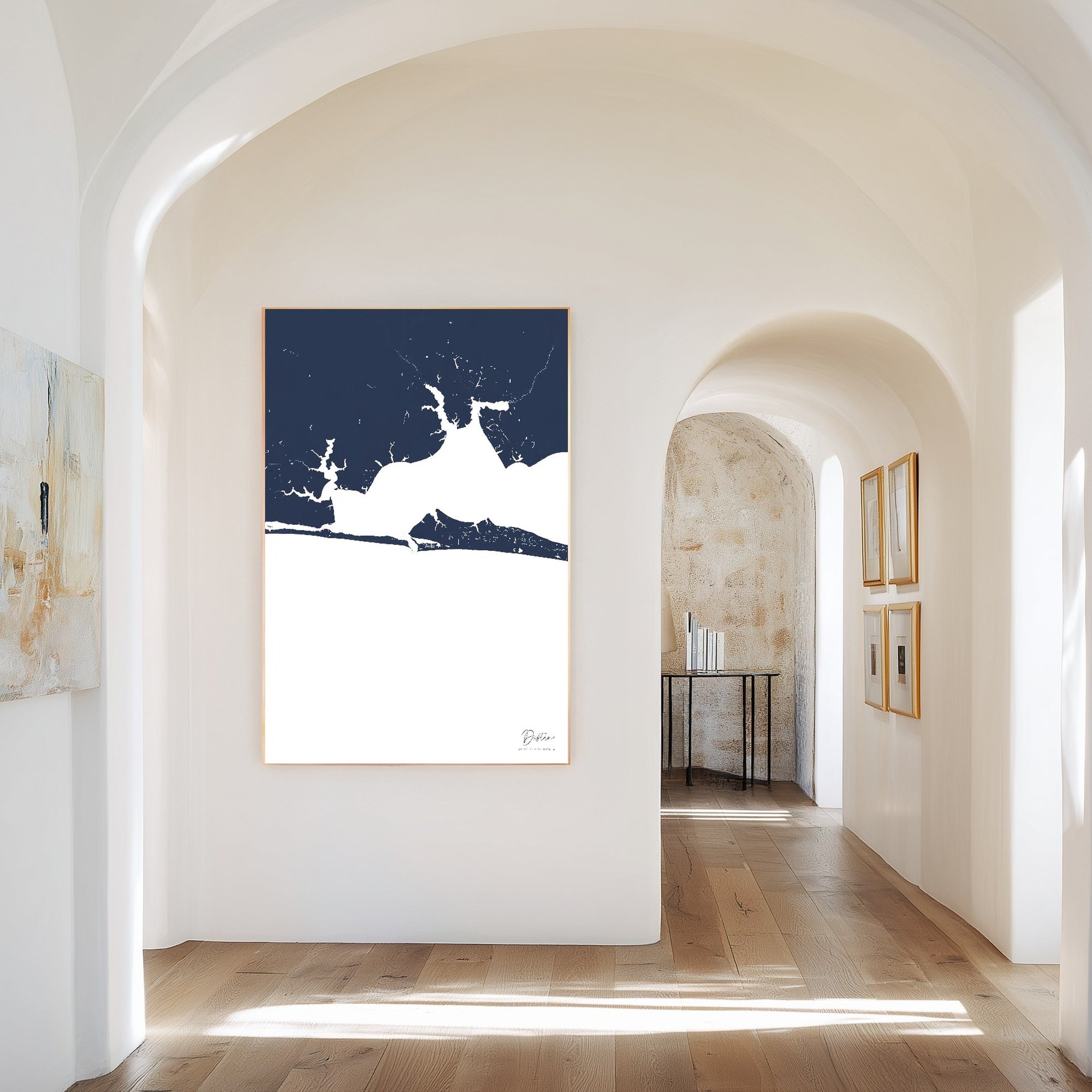 Destin navy vertical canvas map in the Bello mixed room scene