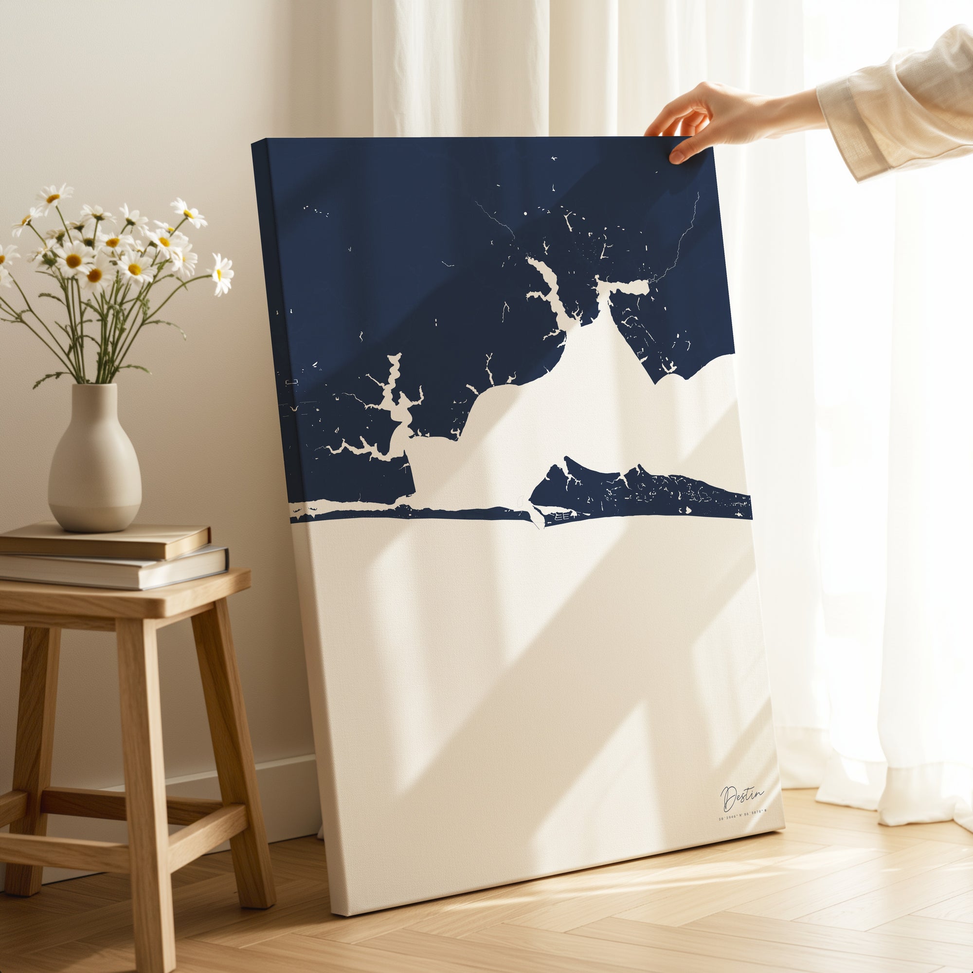Destin navy vertical wrapped canvas map in the ratio 2:3 hand mockup