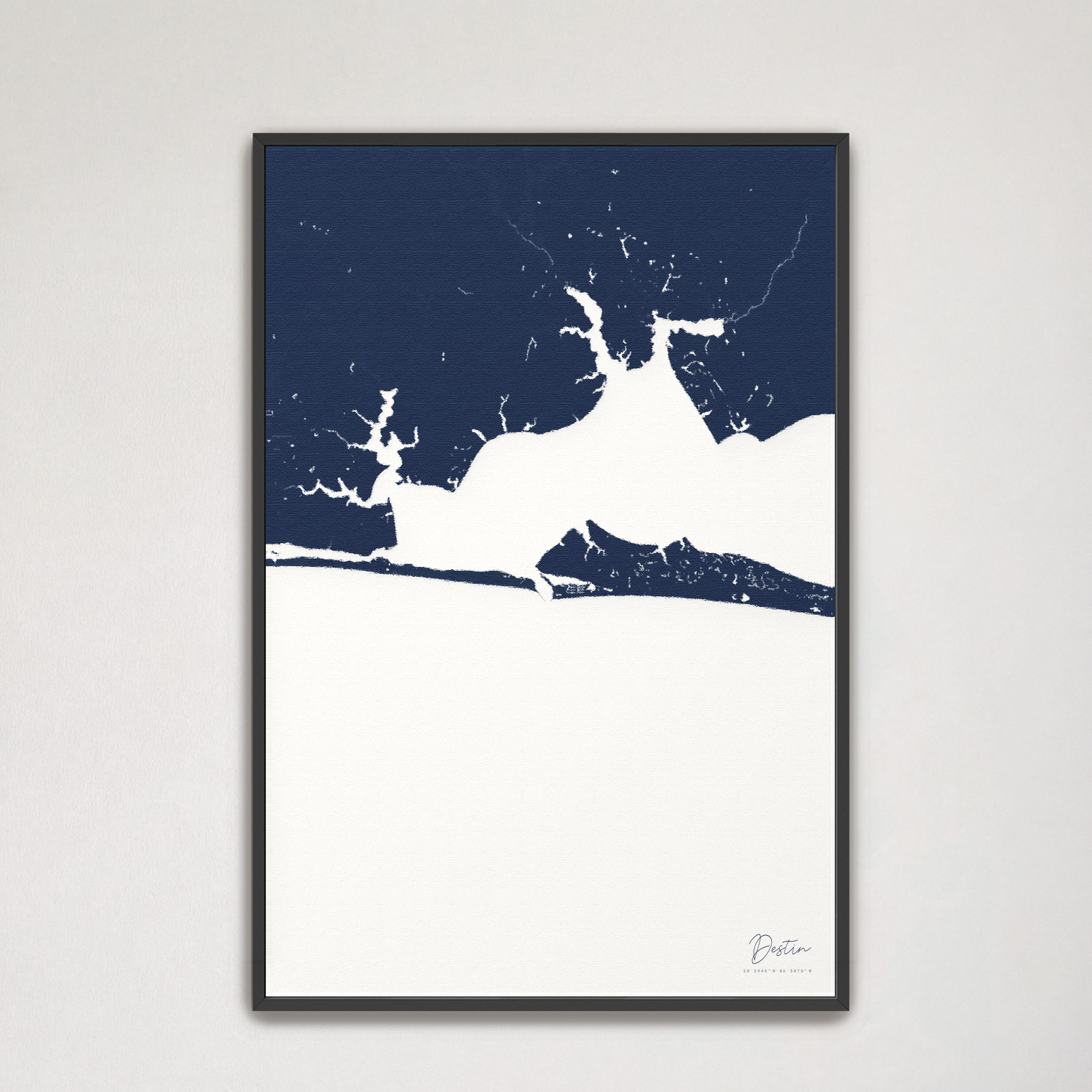 Destin Coastal Map — Canvas Vertical, navy, Black Frame