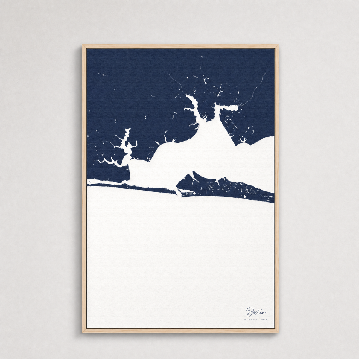 Destin Coastal Map — Canvas Vertical — navy, Light Wood