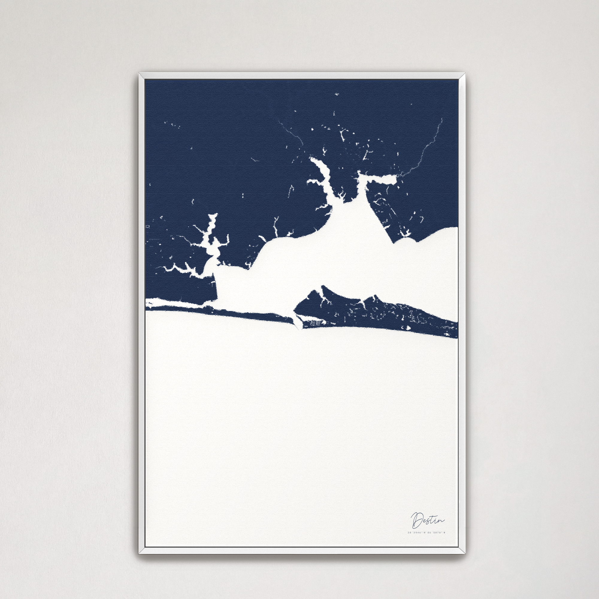 Destin Coastal Map — Canvas Vertical, navy, White Frame