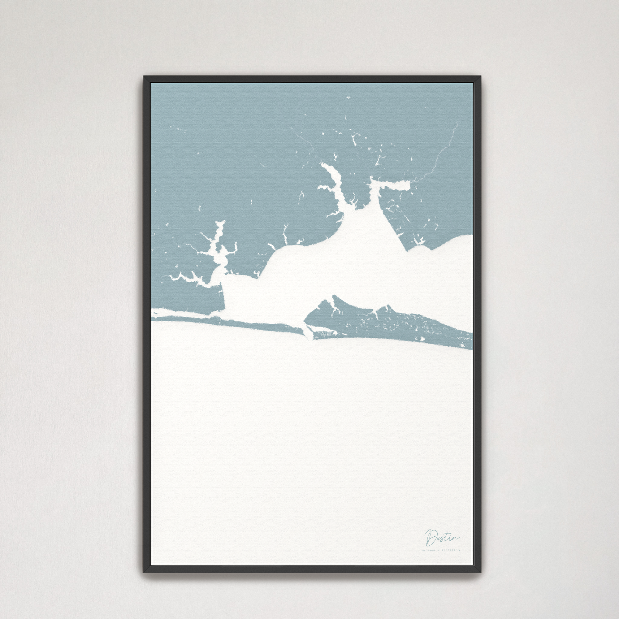 Destin Coastal Map — Canvas Vertical, soft-blue, Black Frame