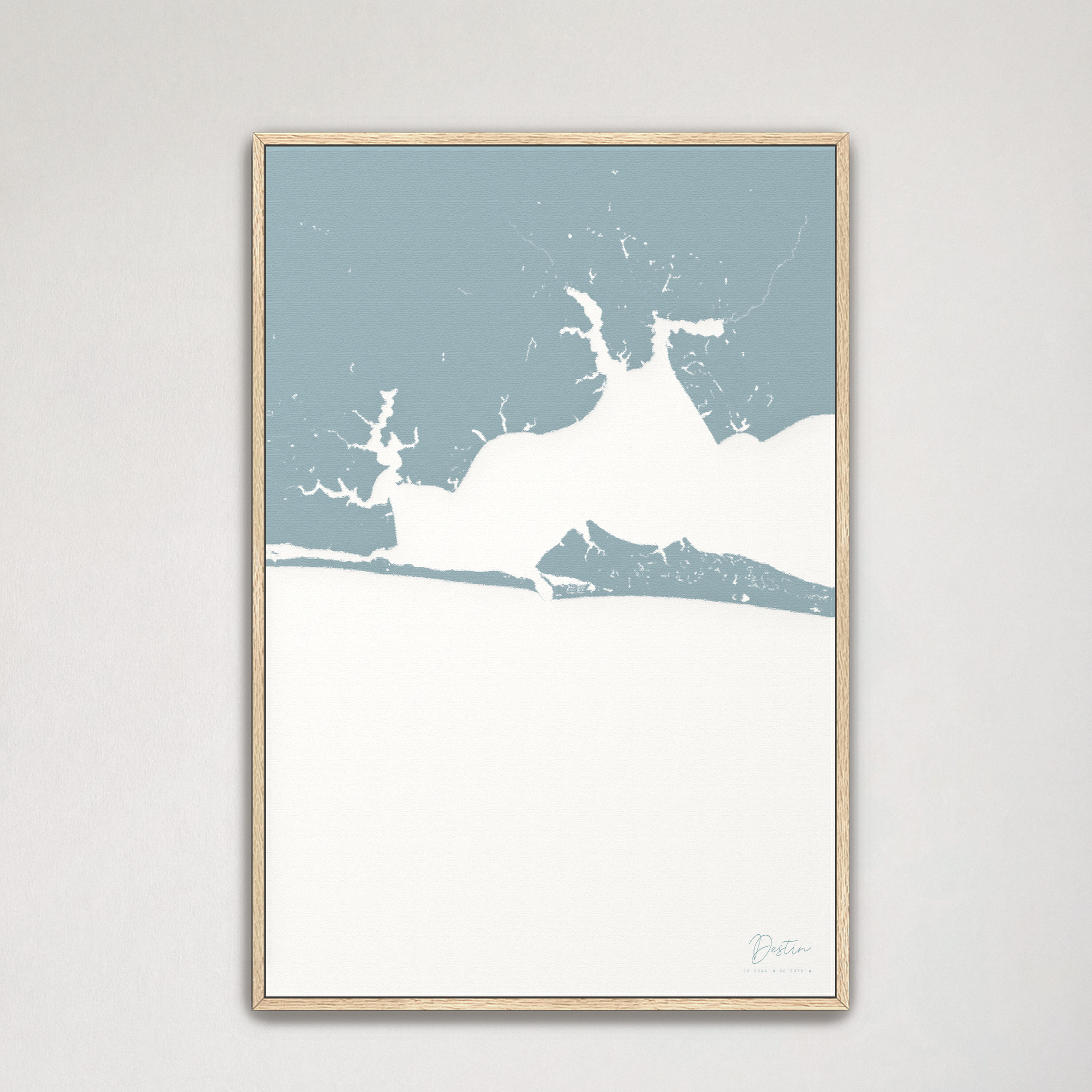Destin Coastal Map — Canvas Vertical, soft-blue, Natural Oak