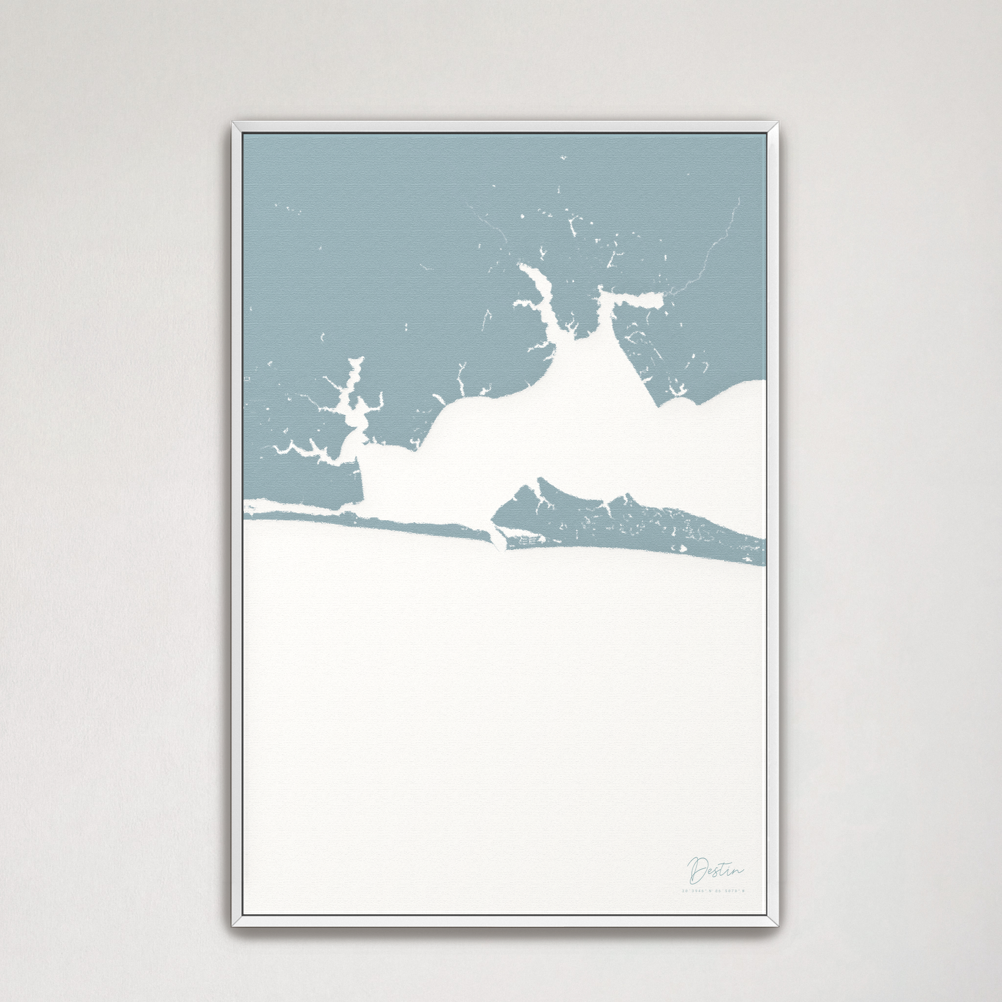 Destin Coastal Map — Canvas Vertical, soft-blue, White Frame