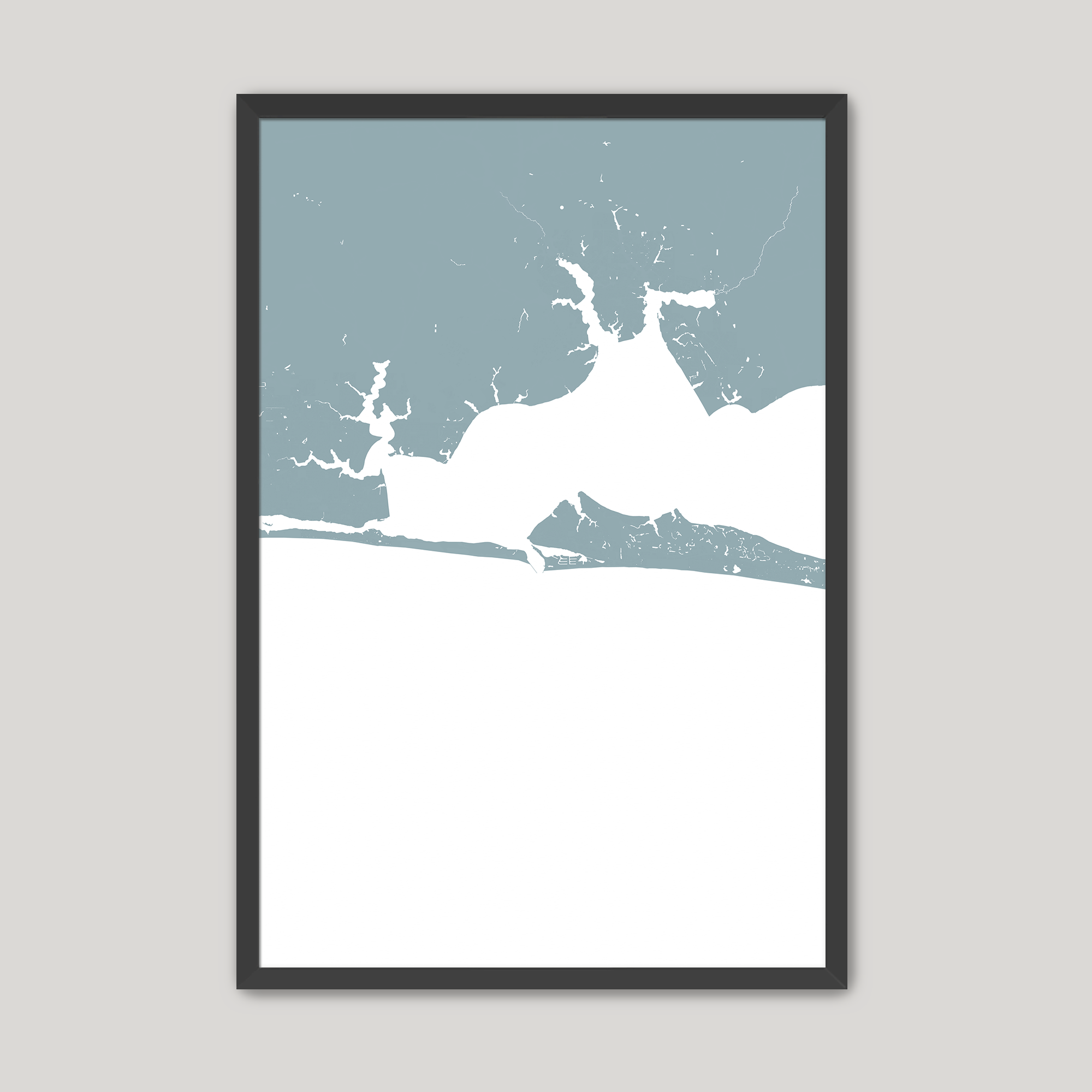 Destin Coastal Map — Fine Art Print Vertical, soft-blue, Black Frame, 8x10