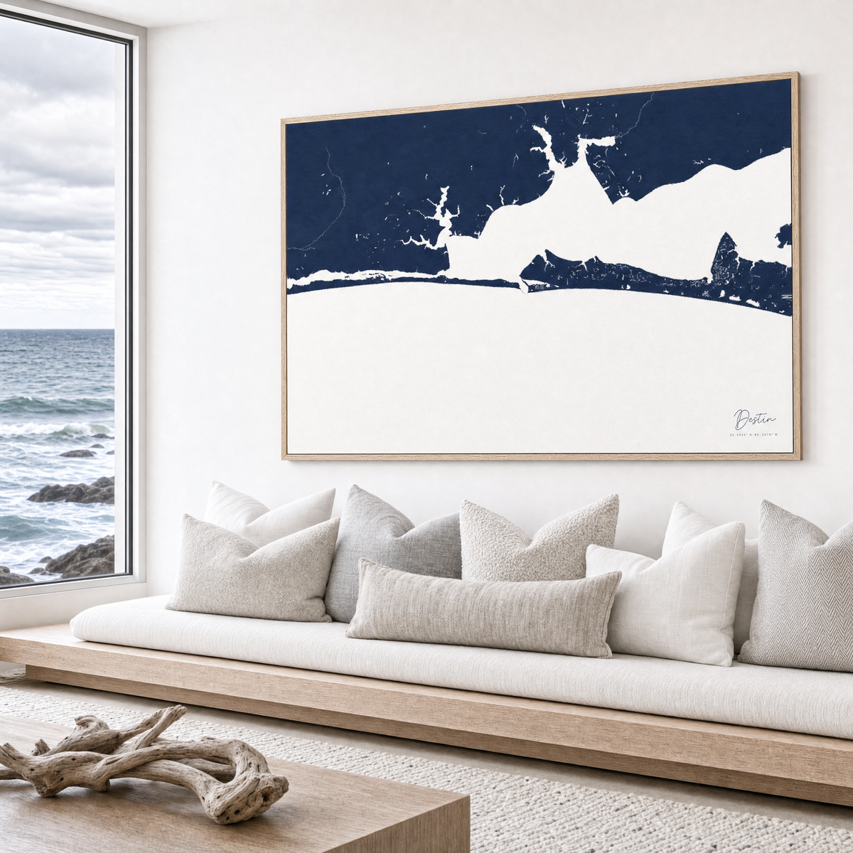 Destin canvas map — sea-view bench interior