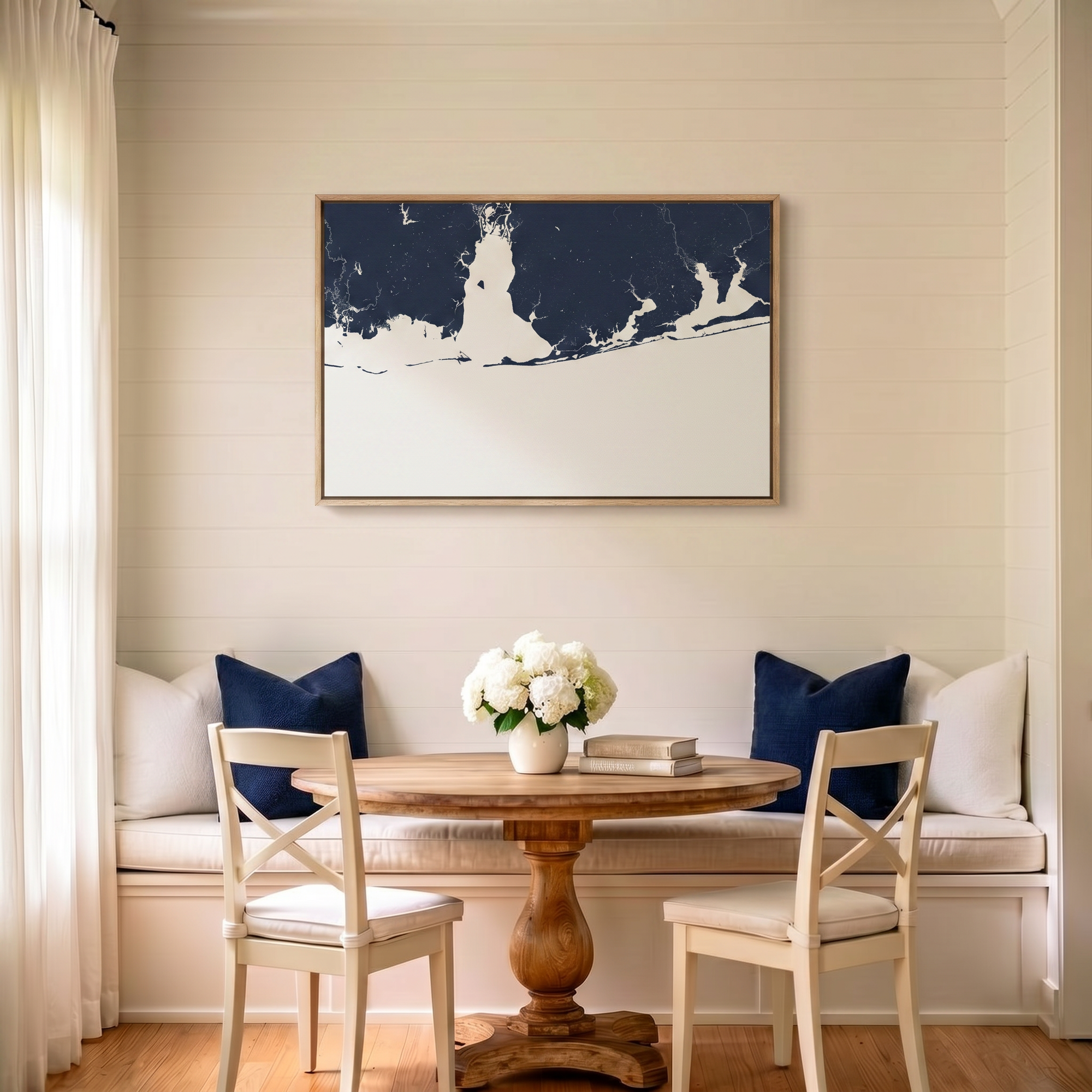 Alabama Gulf Coast canvas map art in dining nook setting
