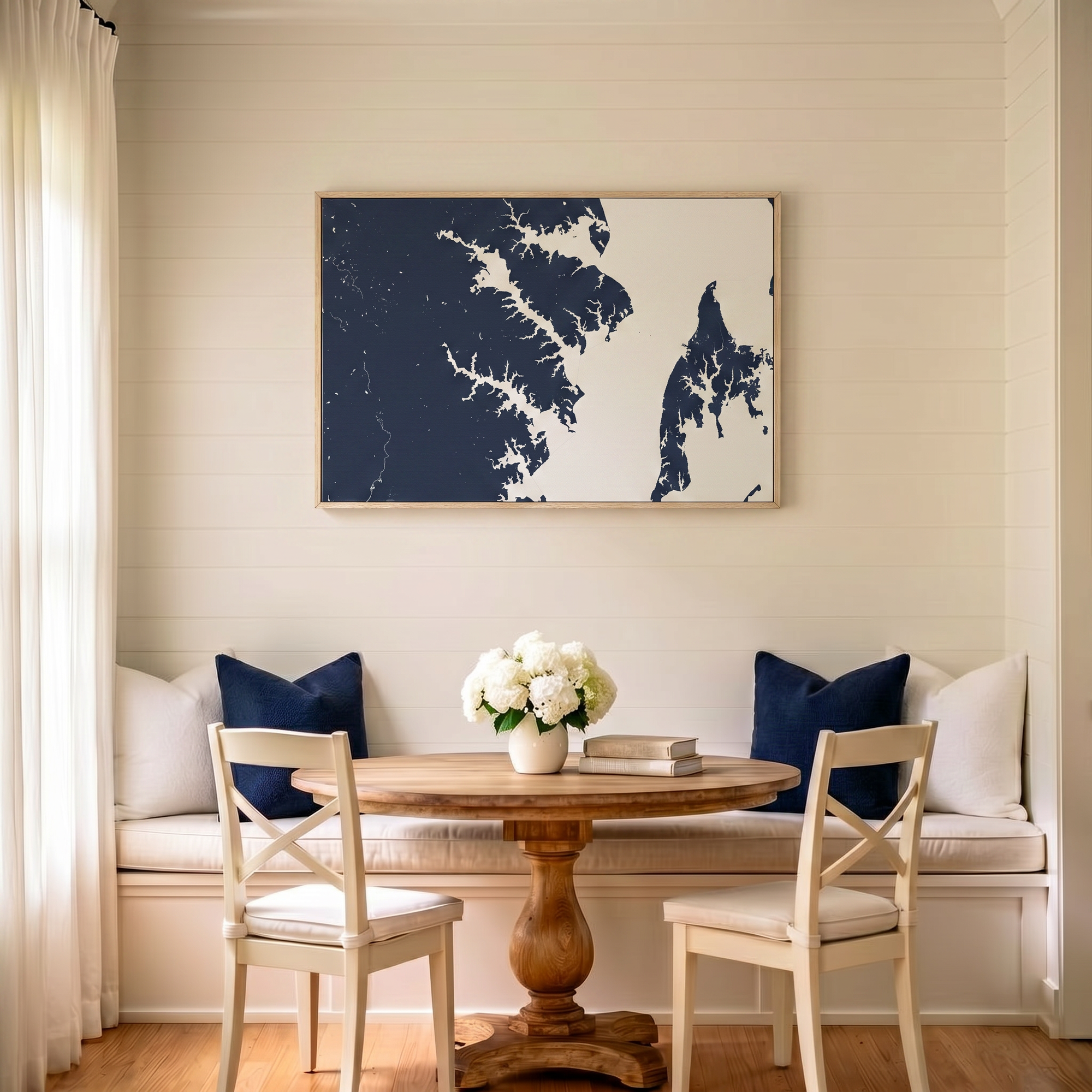 Annapolis canvas map art in dining nook setting