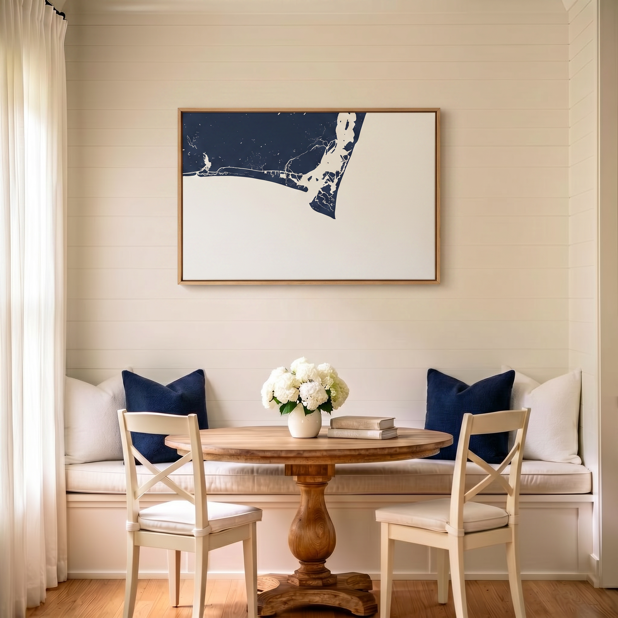 Bald Head Island canvas map art in dining nook setting