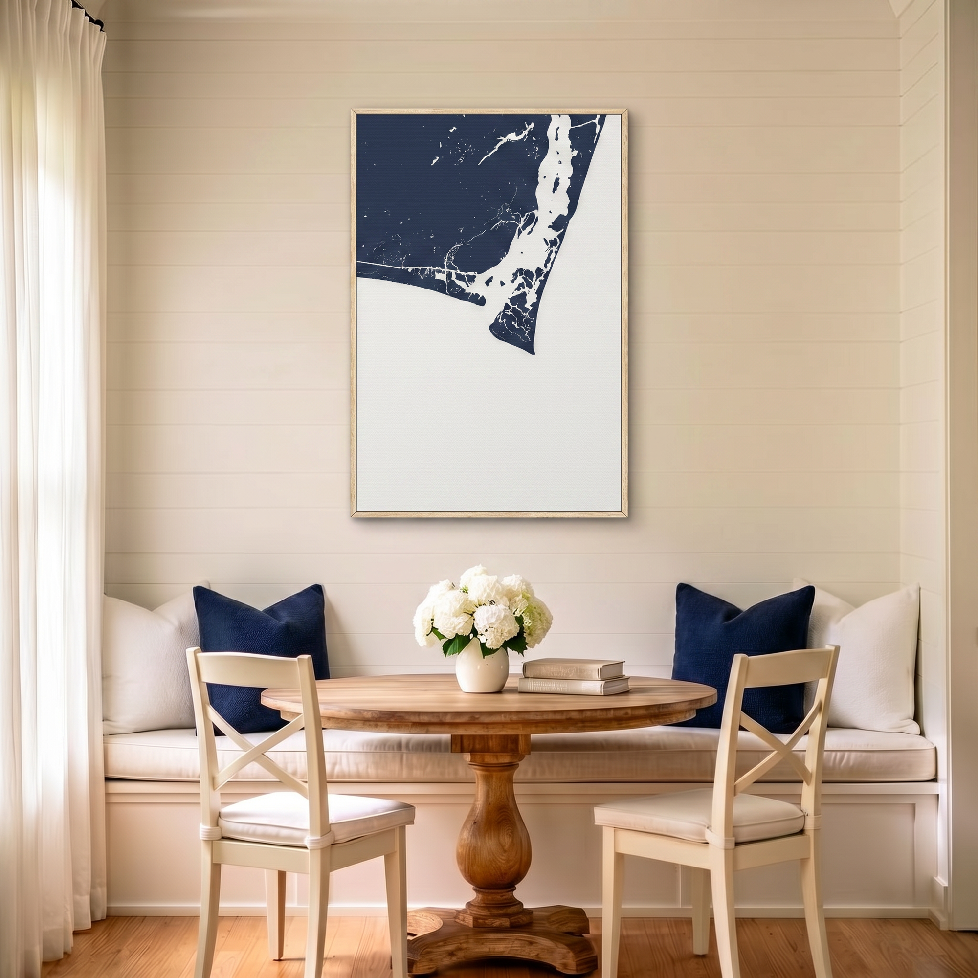 Bald Head Island canvas map art in dining nook setting