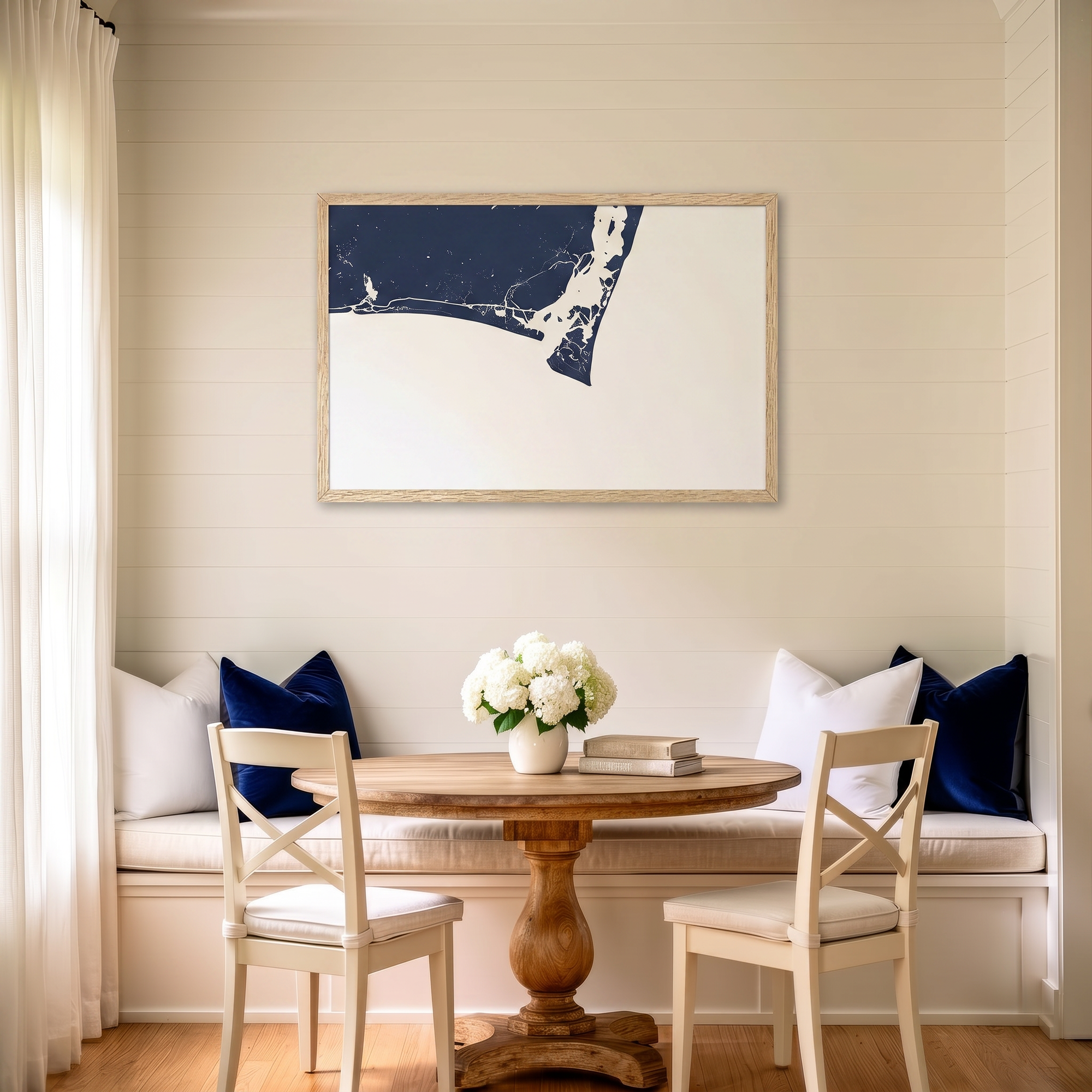 Bald Head Island matte map art in dining nook setting