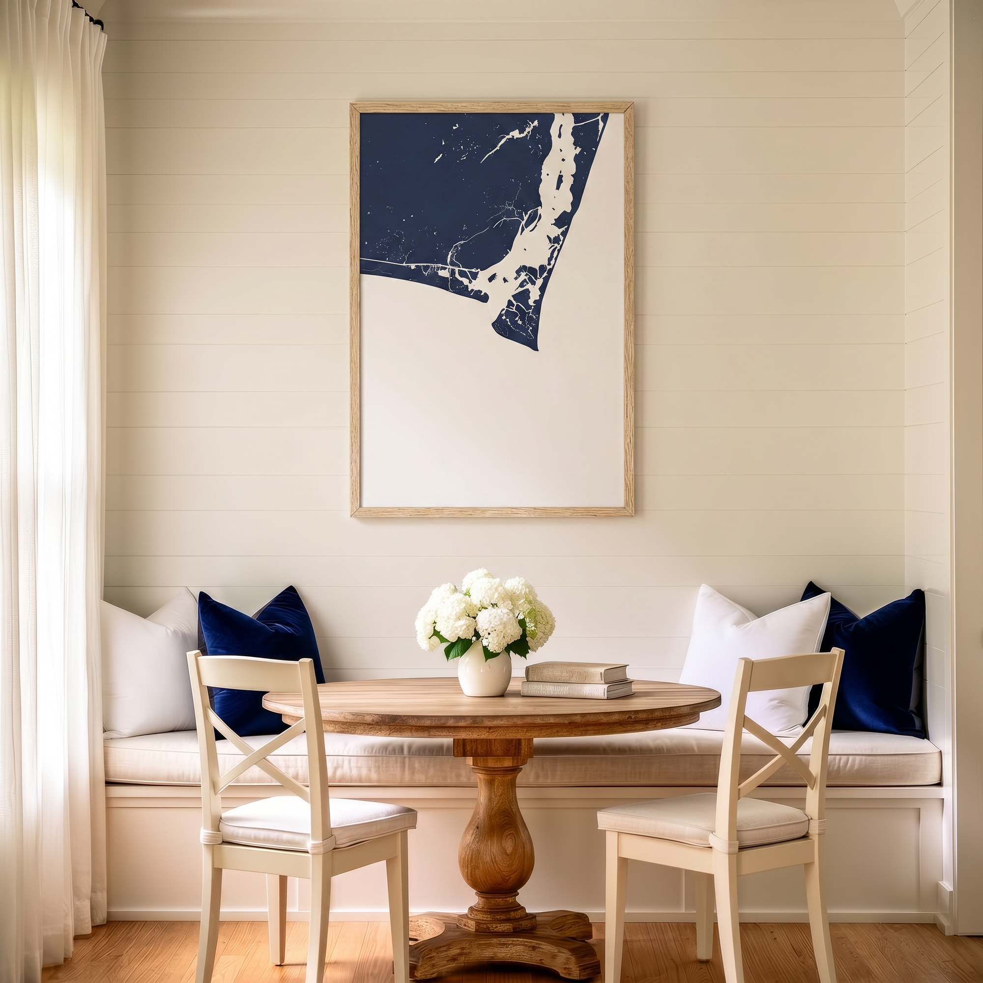 Bald Head Island matte map art in dining nook setting