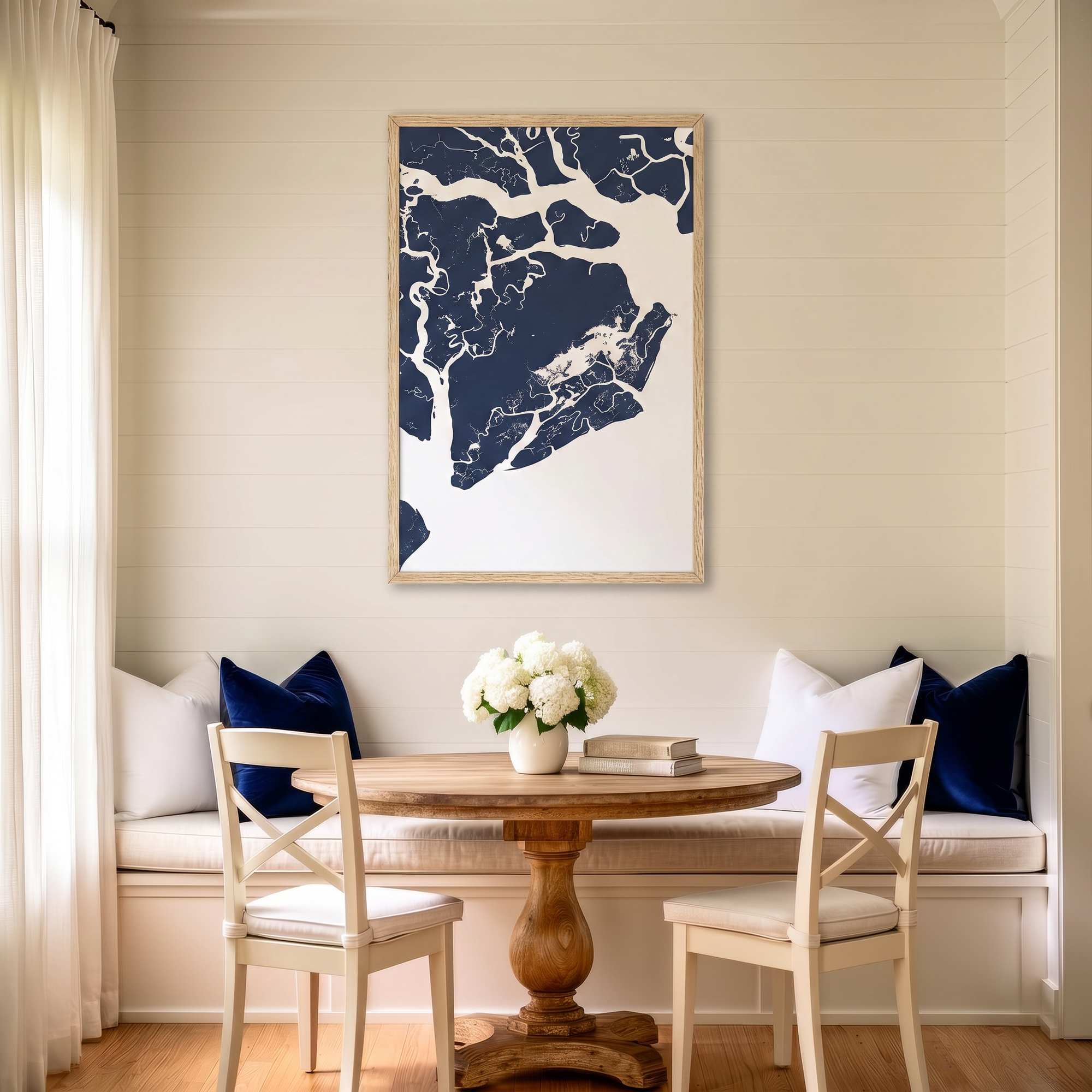 Beaufort / Sea Islands matte map art in dining nook setting