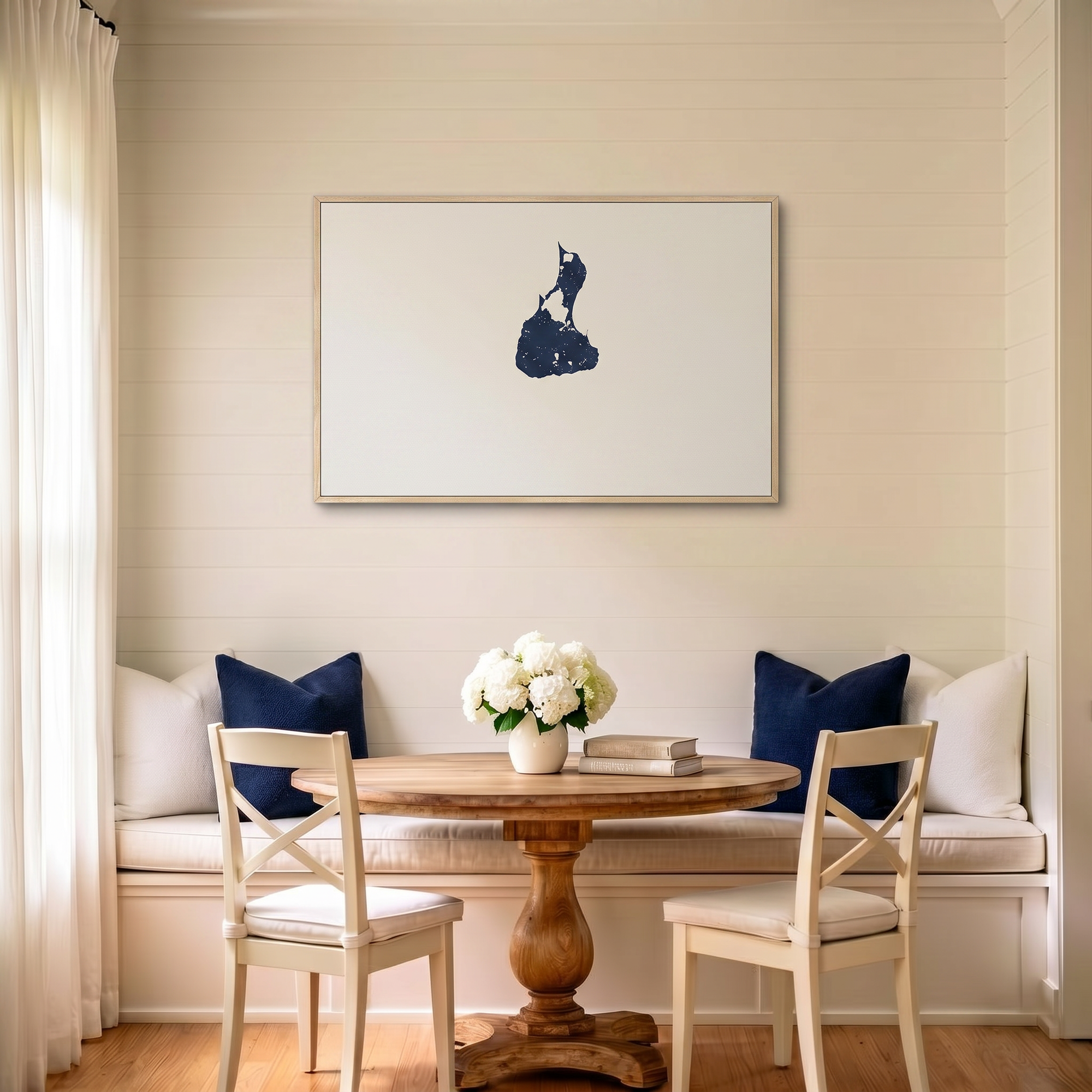 Block Island canvas map art in dining nook setting