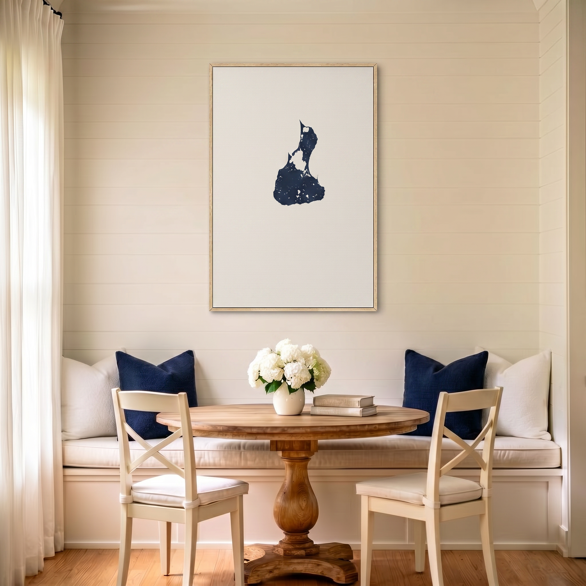 Block Island canvas map art in dining nook setting