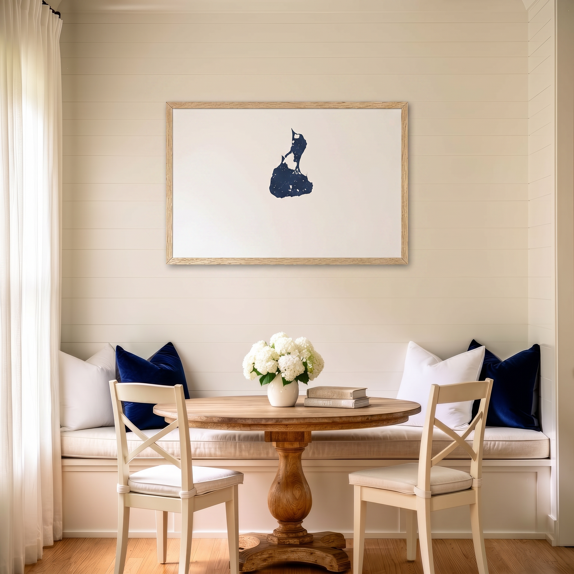Block Island matte map art in dining nook setting