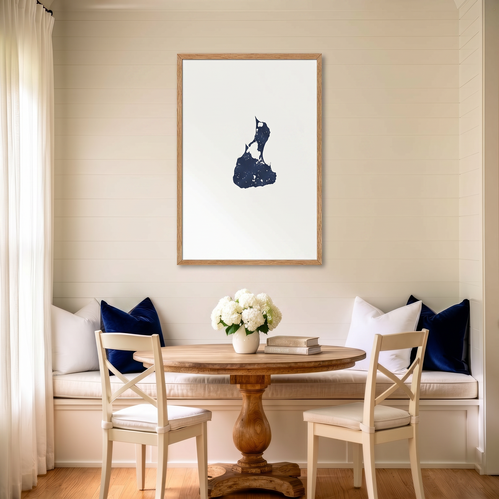Block Island matte map art in dining nook setting