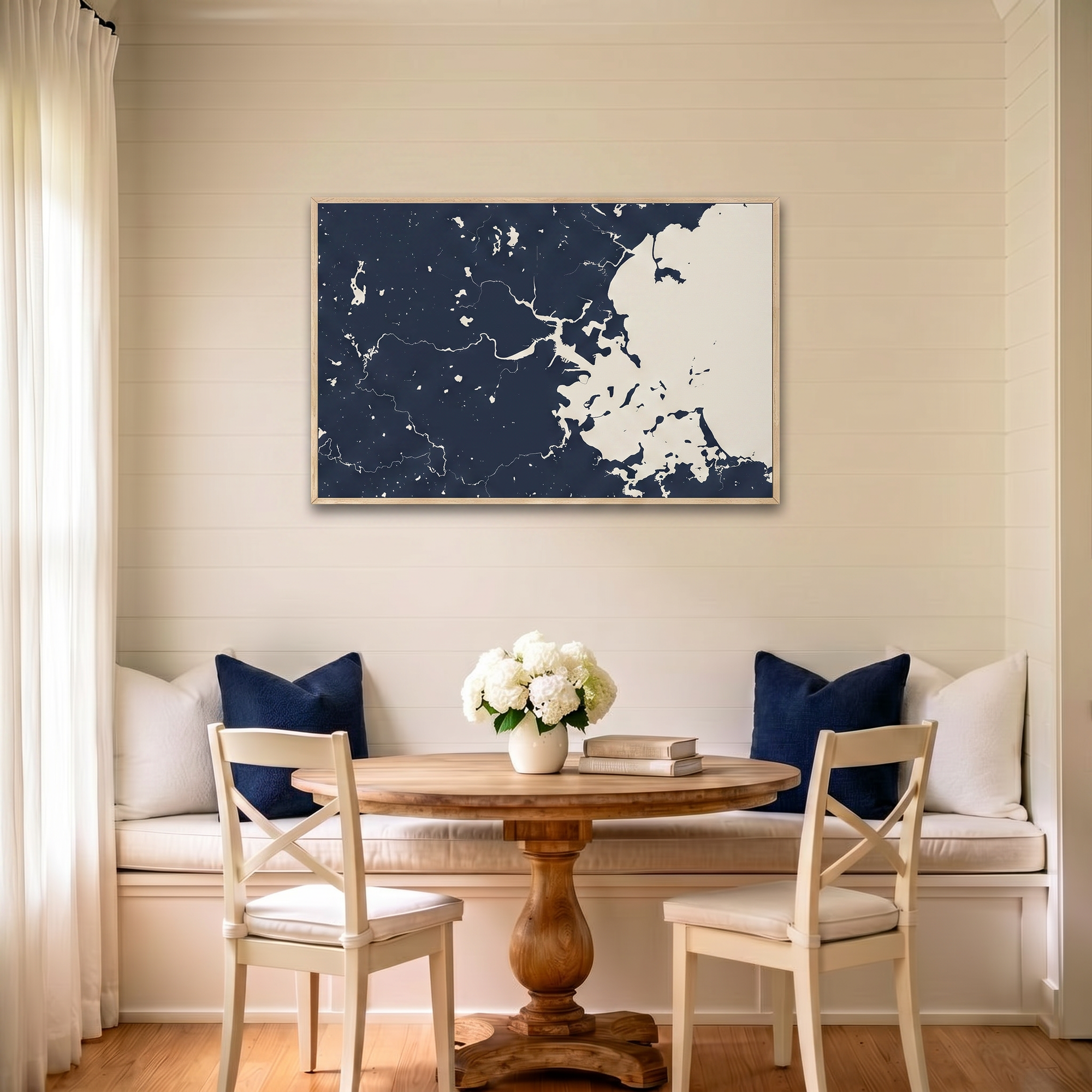 Boston canvas map art in dining nook setting