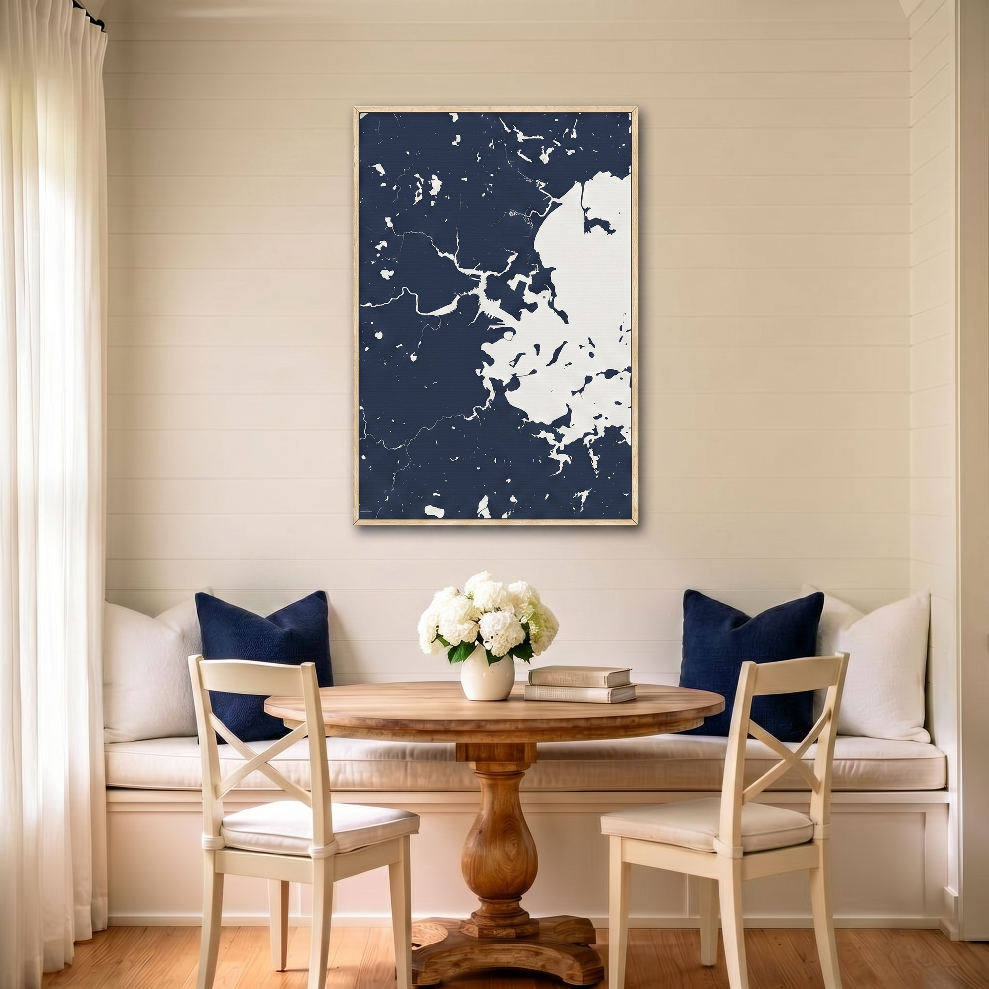 Boston canvas map art in dining nook setting
