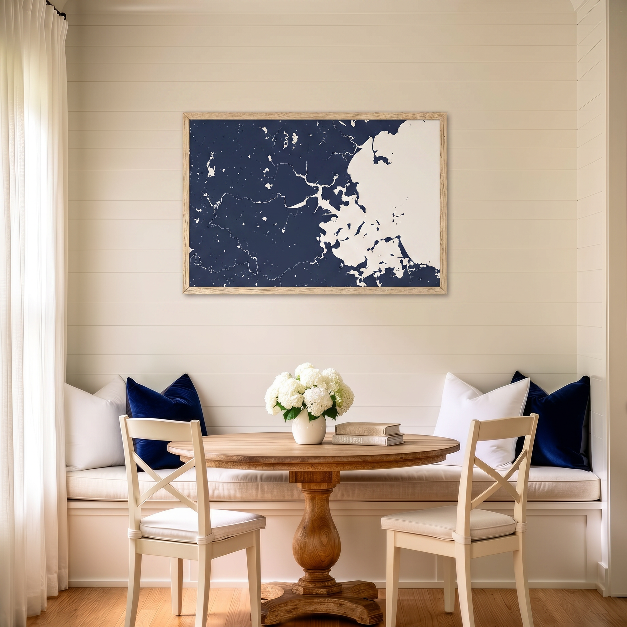 Boston matte map art in dining nook setting