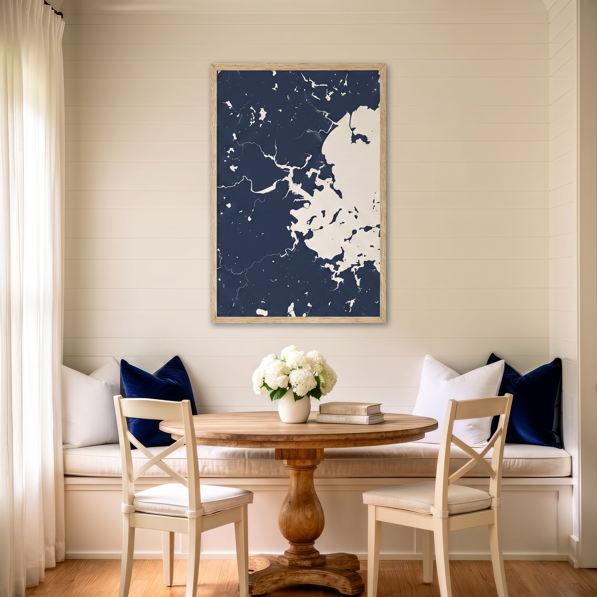 Boston matte map art in dining nook setting