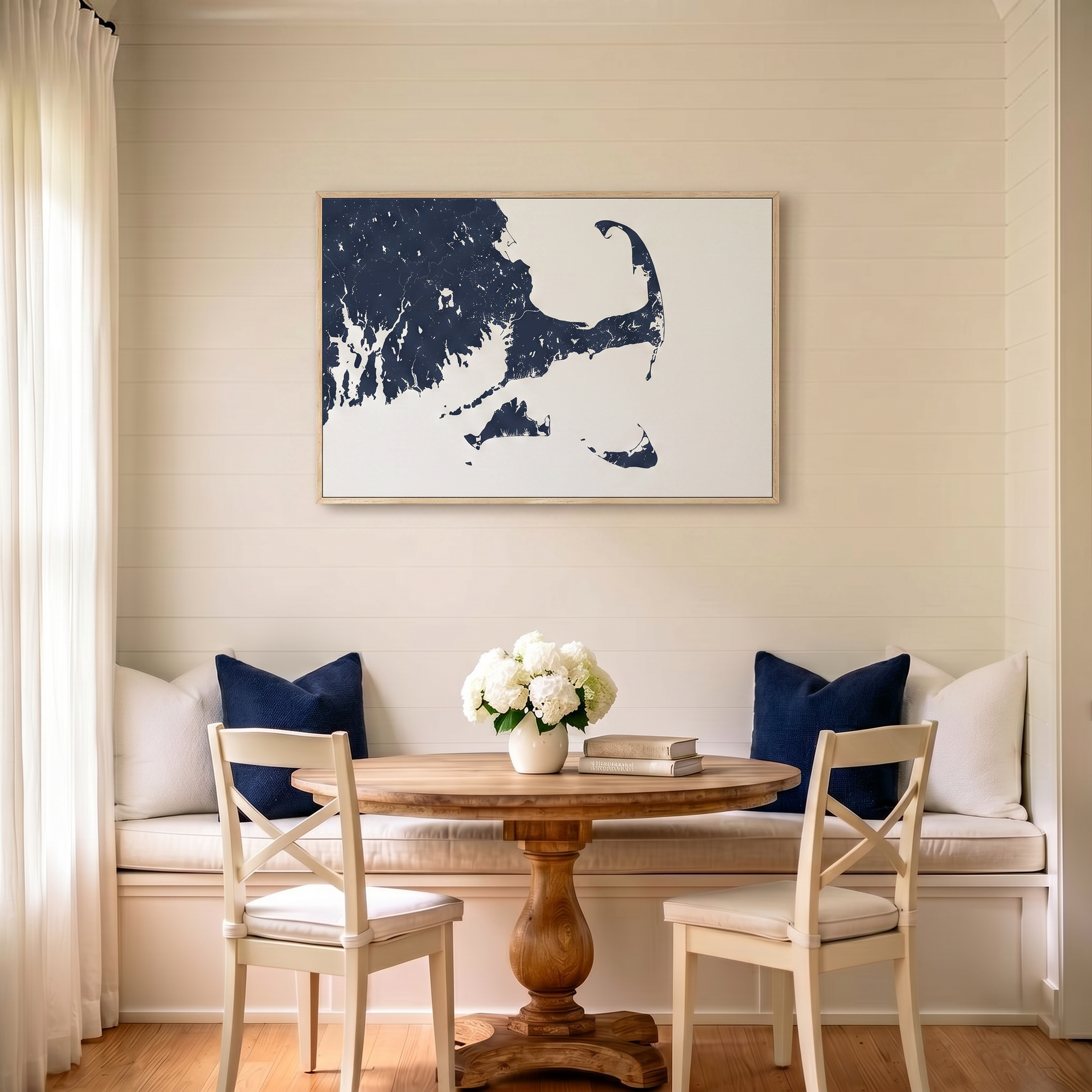 Cape Cod canvas map art in dining nook setting