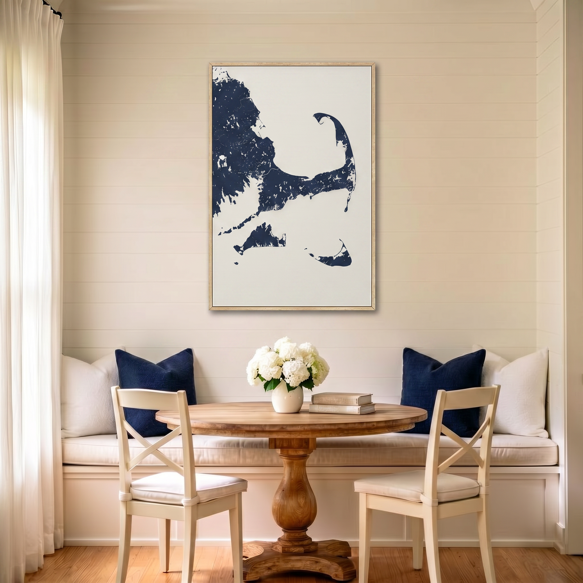 Cape Cod canvas map art in dining nook setting