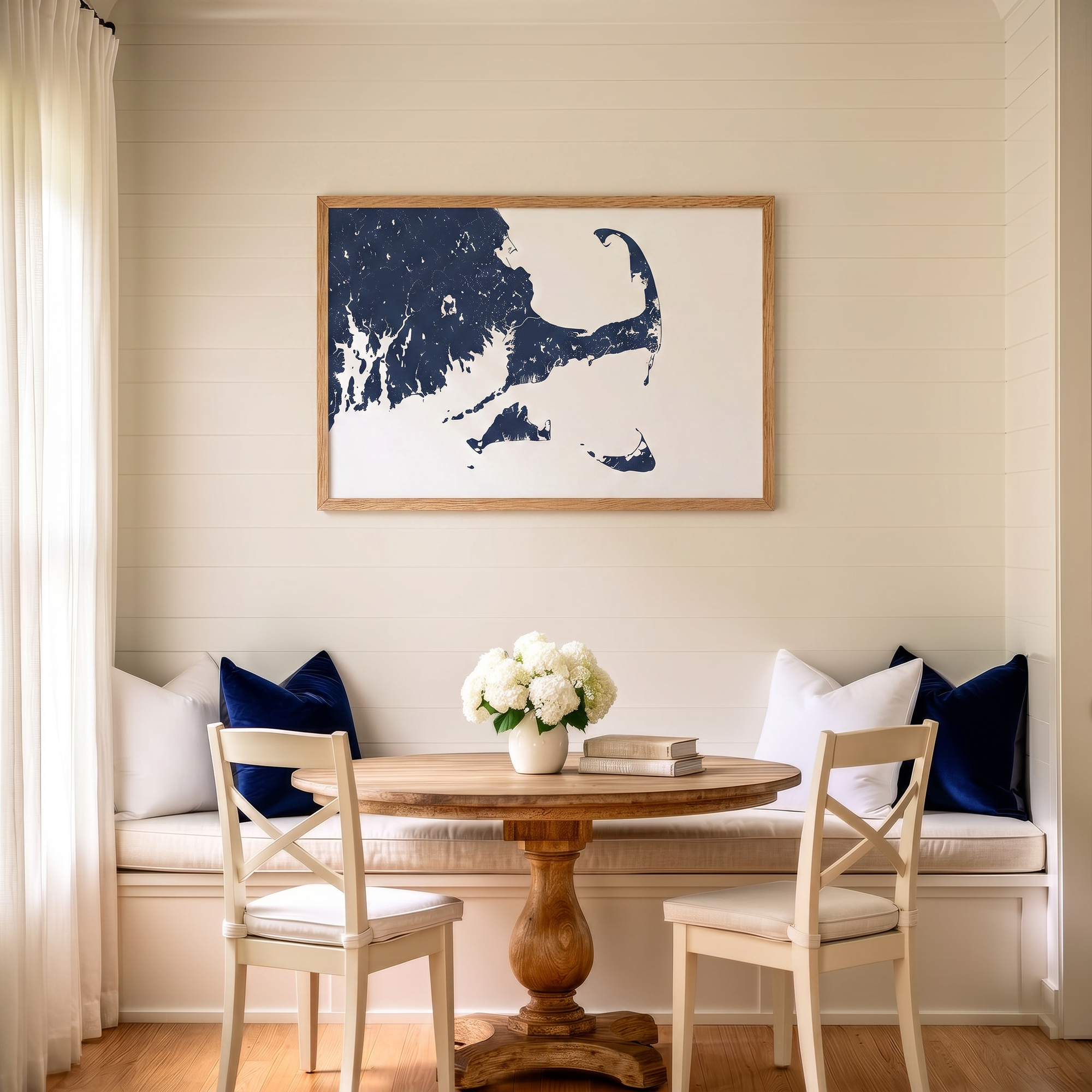 Cape Cod matte map art in dining nook setting